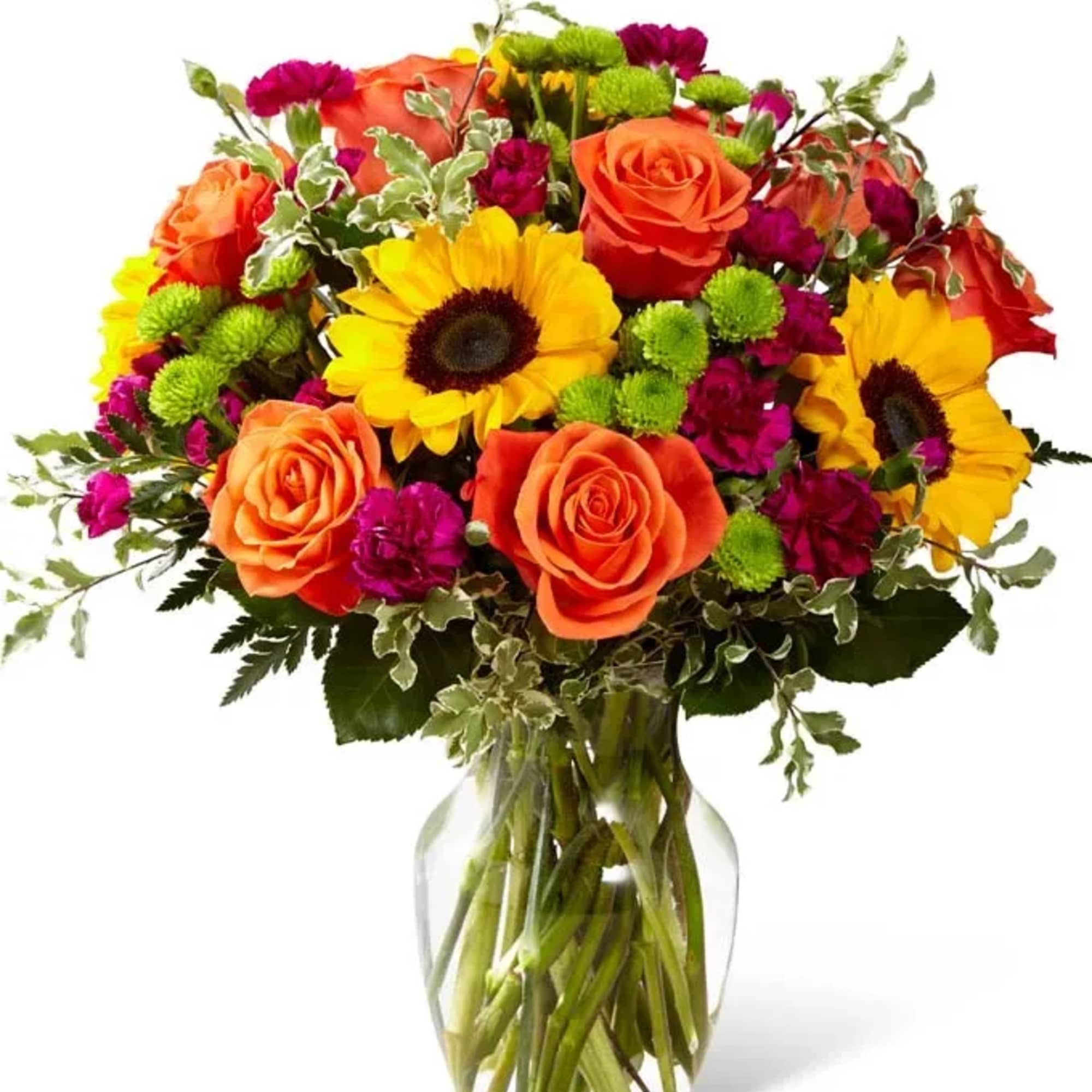 Bouquet of orange roses and yellow sunflowers in a clear glass vase