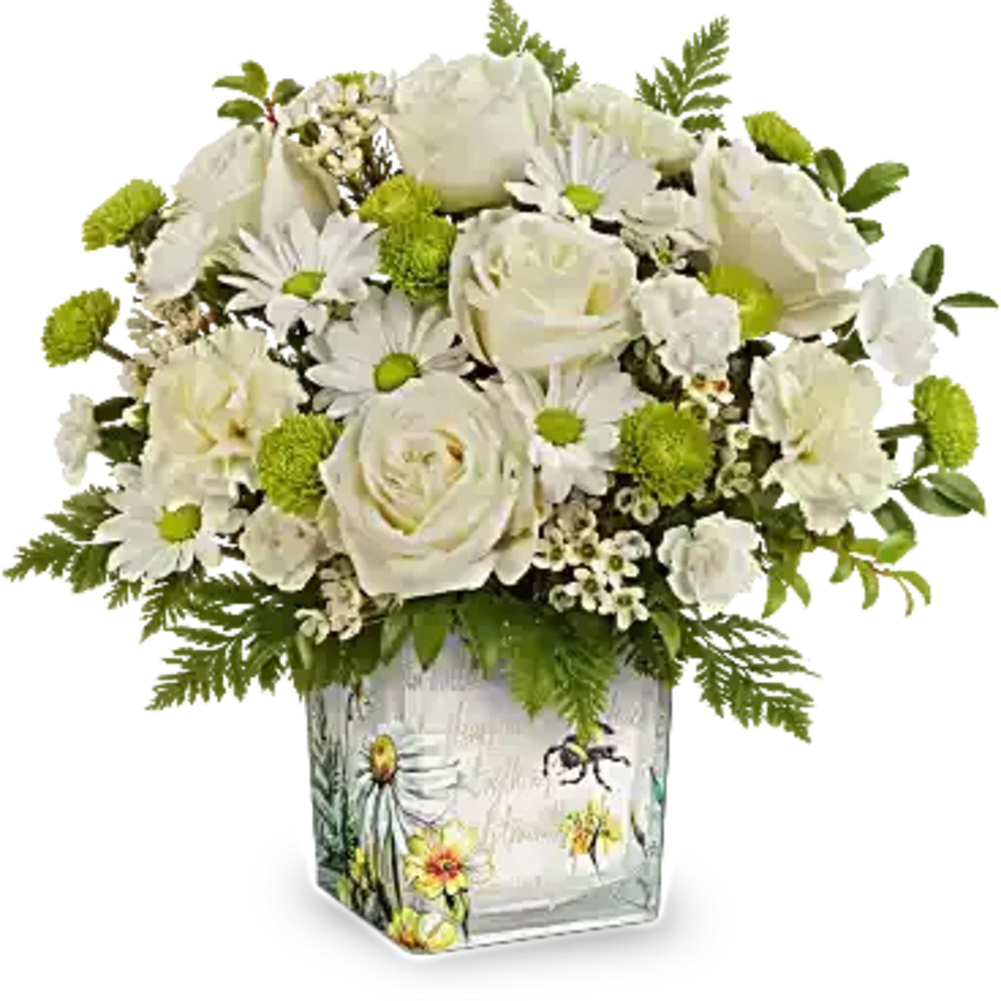 White roses and daisies in a decorative square vase