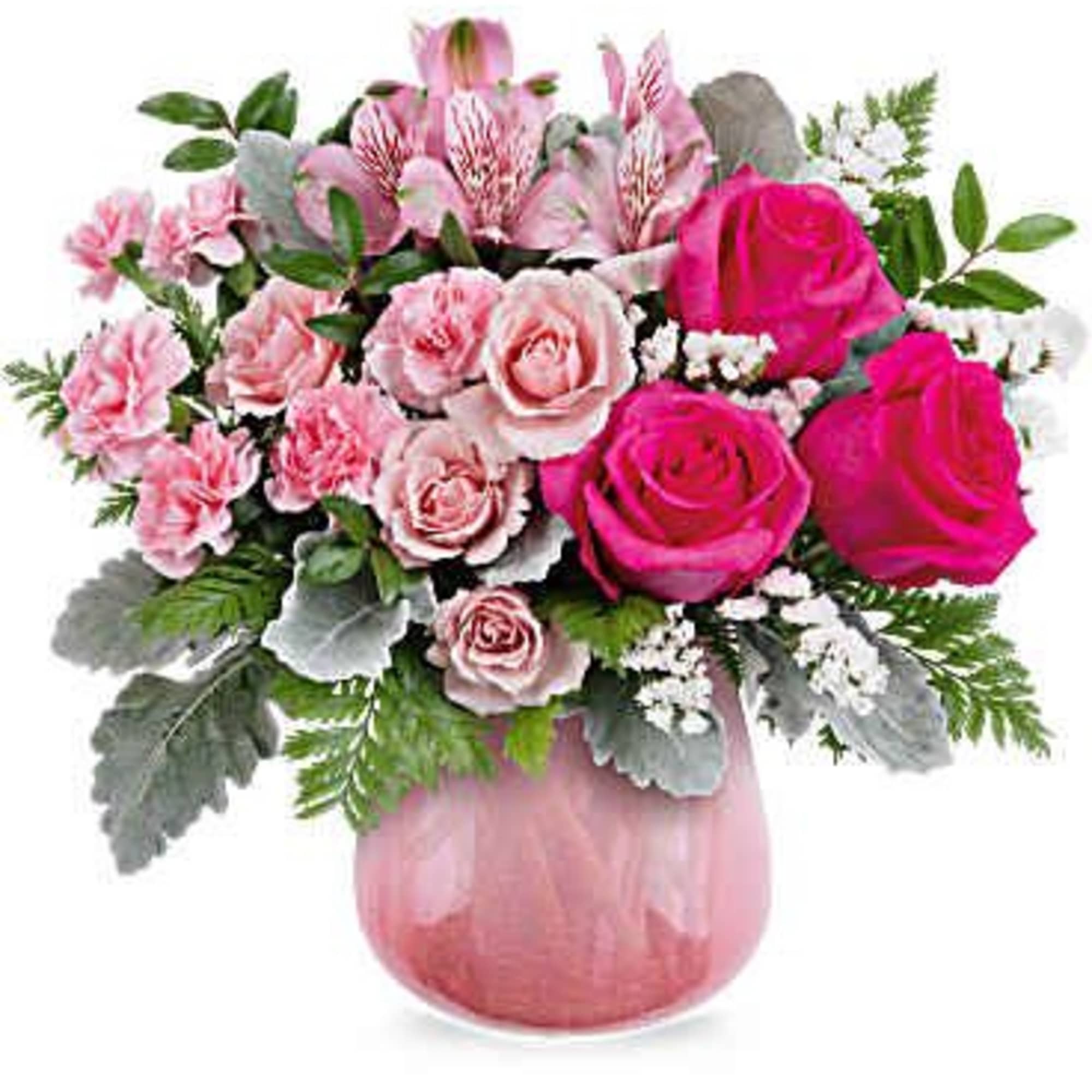 Pink roses and carnations in a pink glass vase
