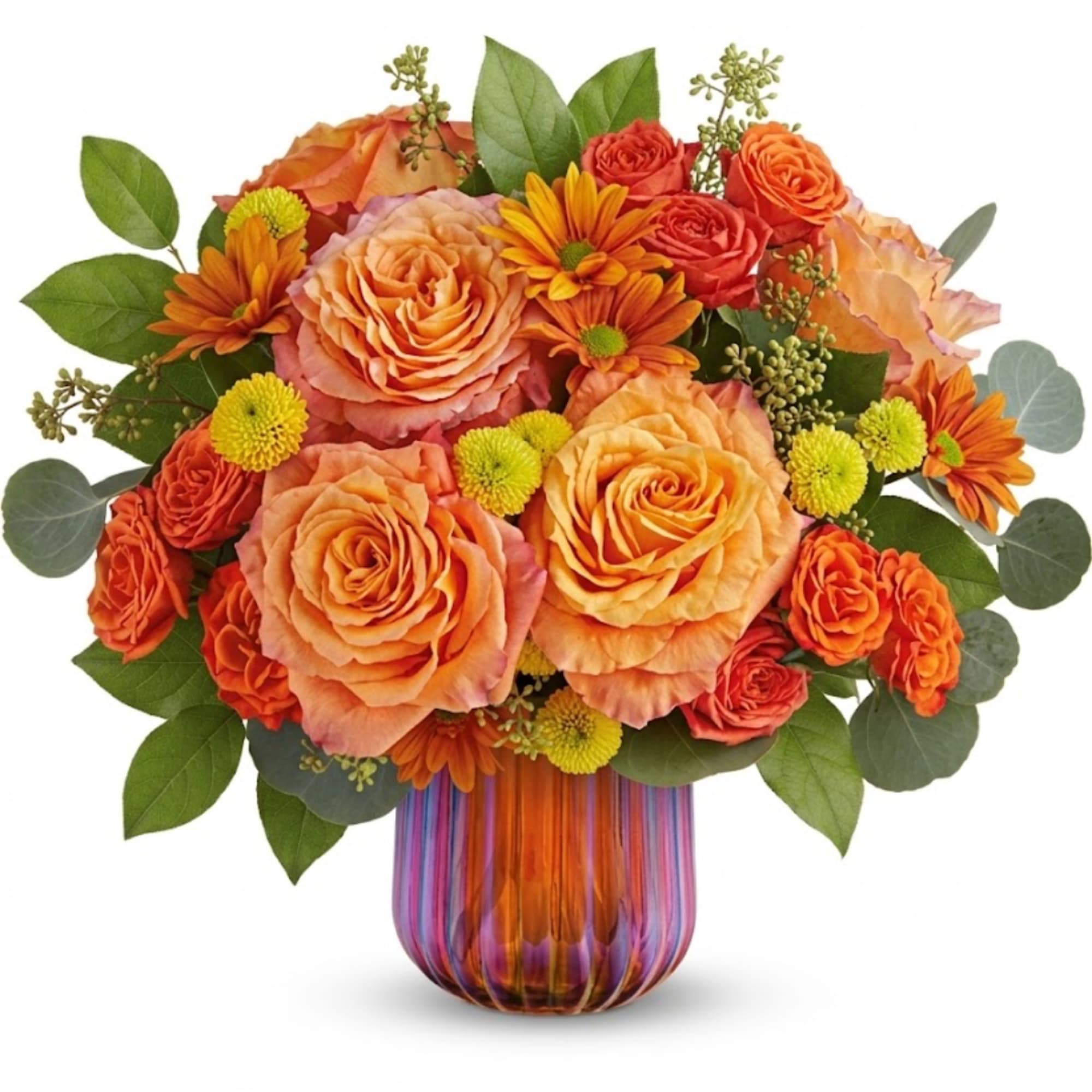 Orange and peach rose bouquet in a striped glass vase