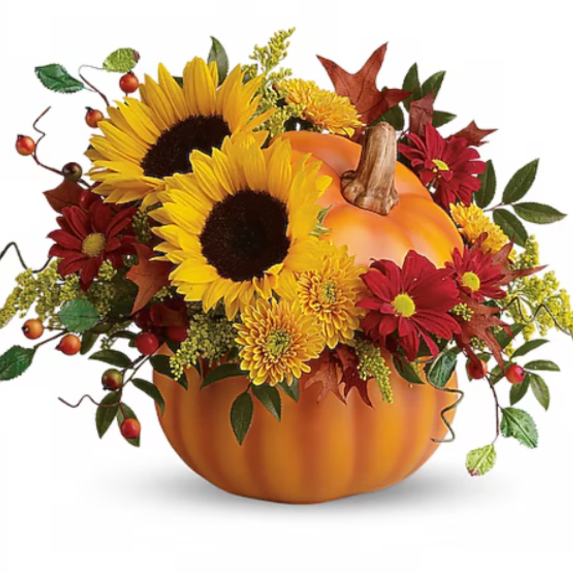 Sunflowers and autumn flowers arranged in a pumpkin-shaped container