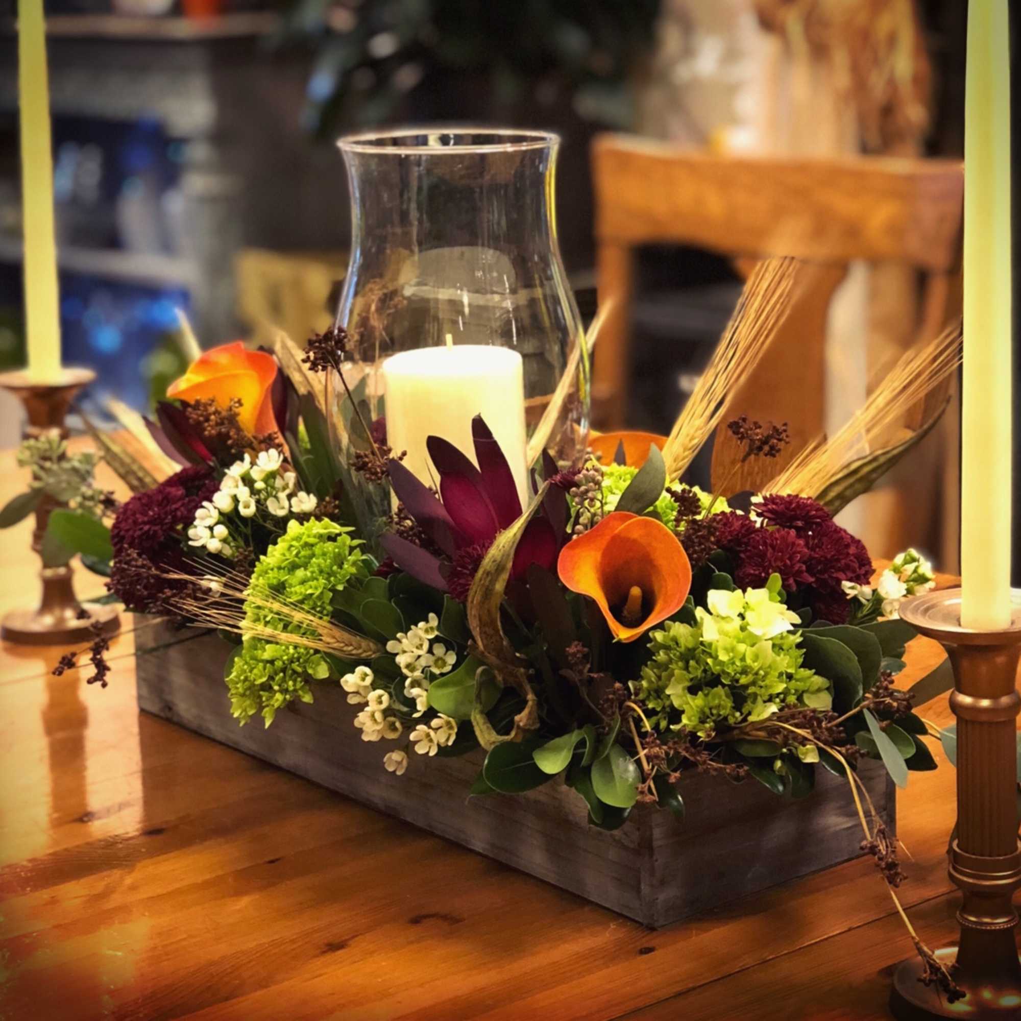 Rustic yet elegant, this unique centerpiece has loads of bright fall colors, photo 4 of 5