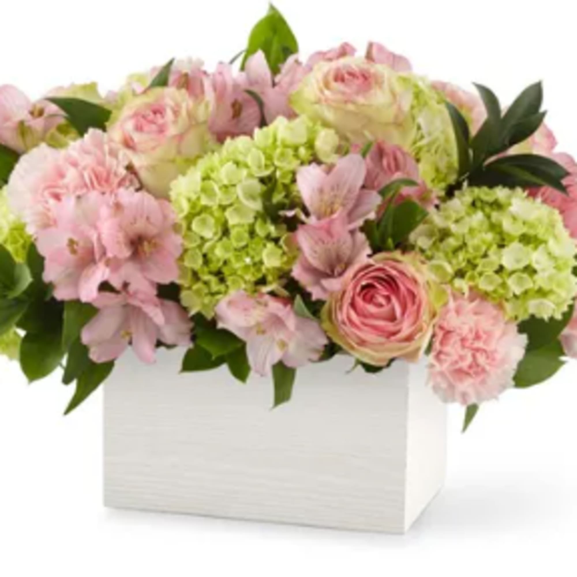Pink and green floral arrangement in a white box
