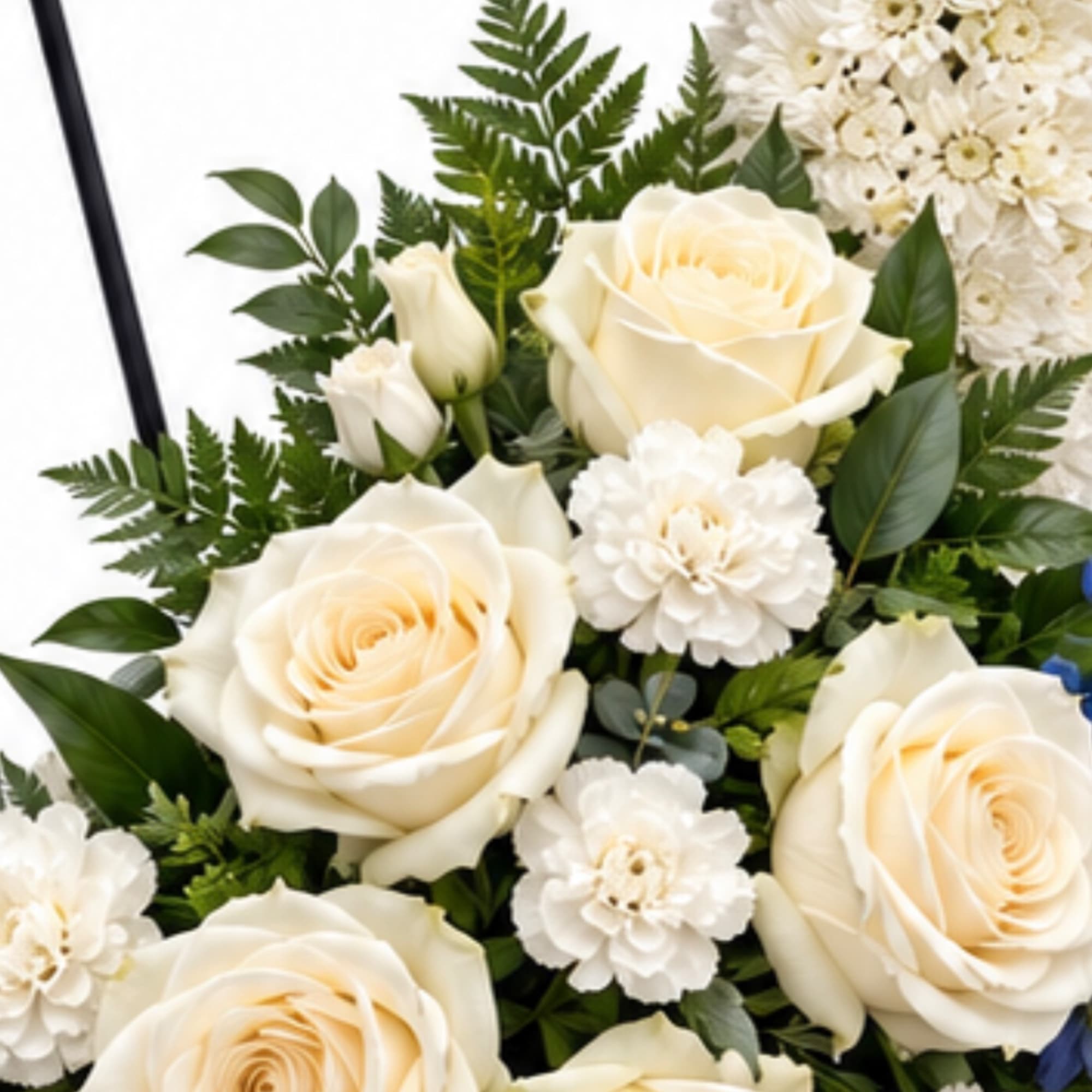 Cream roses and white flowers arranged with greenery
