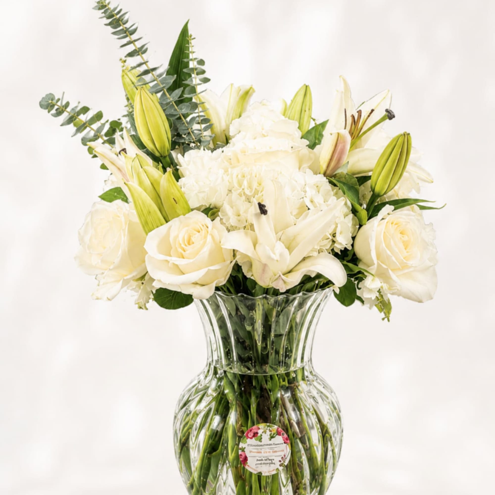 White roses and lilies arranged in a clear glass vase
