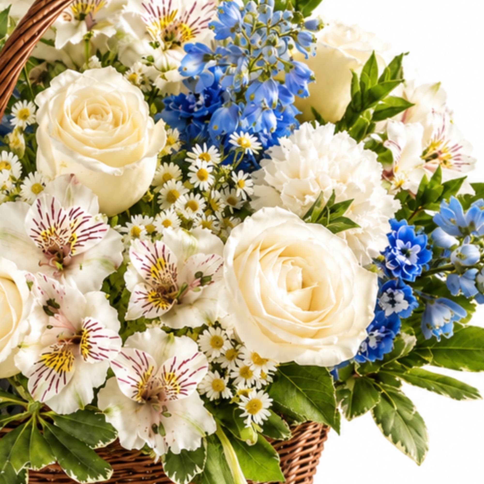 Basket of white roses, blue flowers, and white alstroemeria