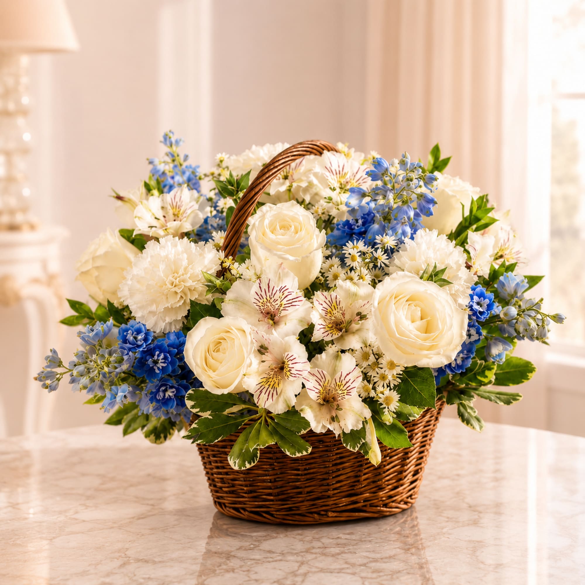 Creamy ivory roses paired with bright blue clustered blooms create a calm