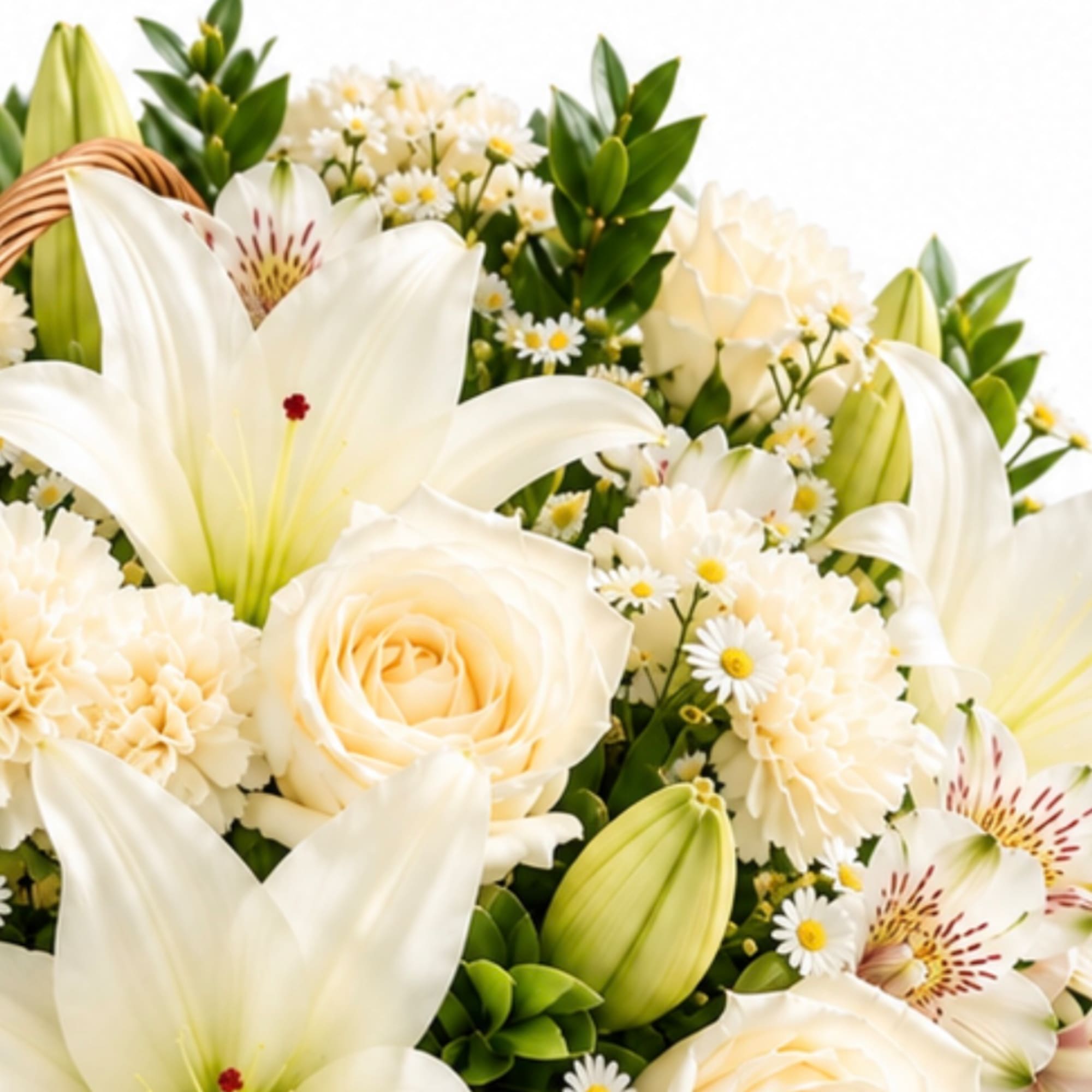 White lilies and cream roses with small white daisies in a bouquet