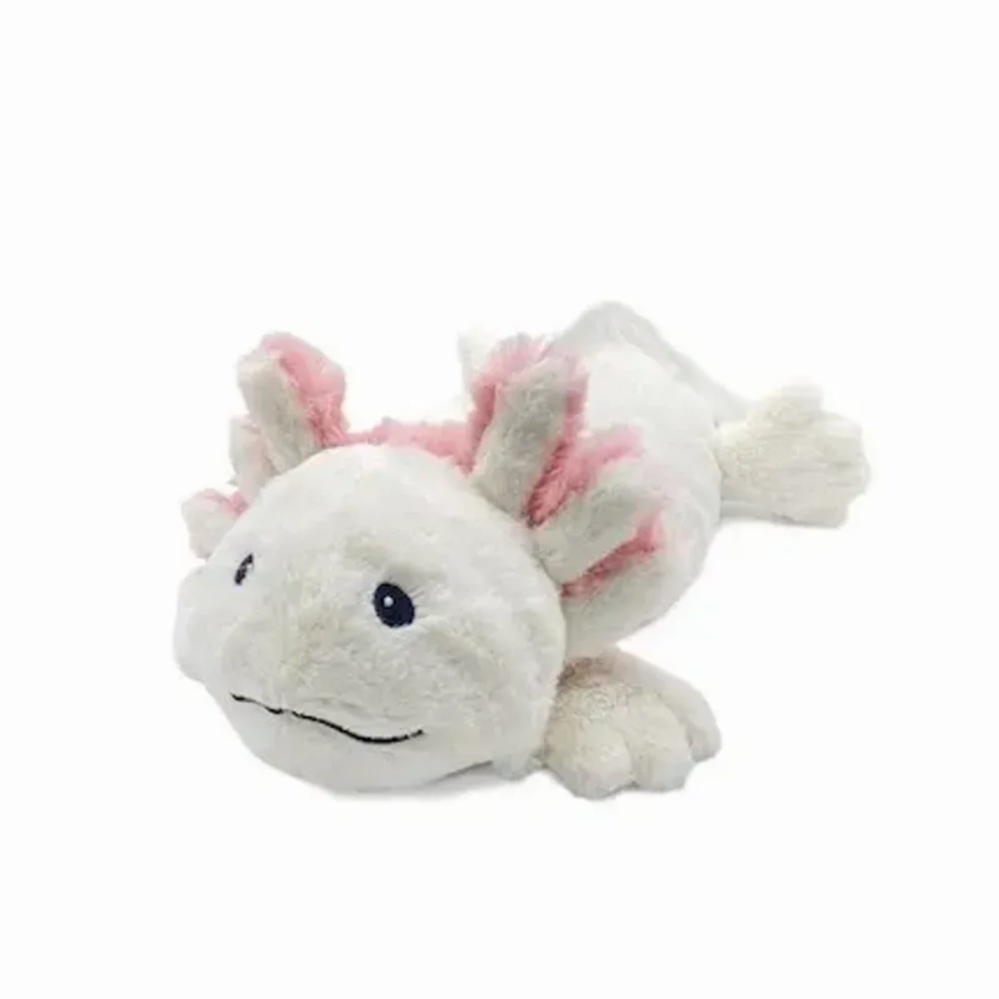 Plush white and pink stuffed animal with a smiling face