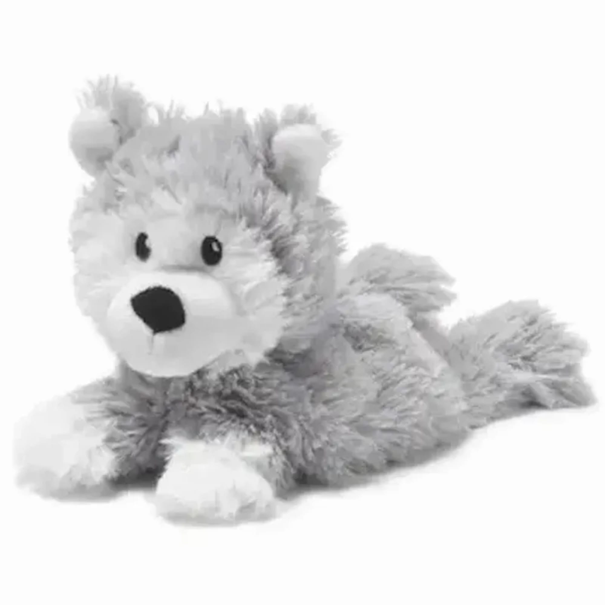 Gray and white stuffed teddy bear lying down on a white background