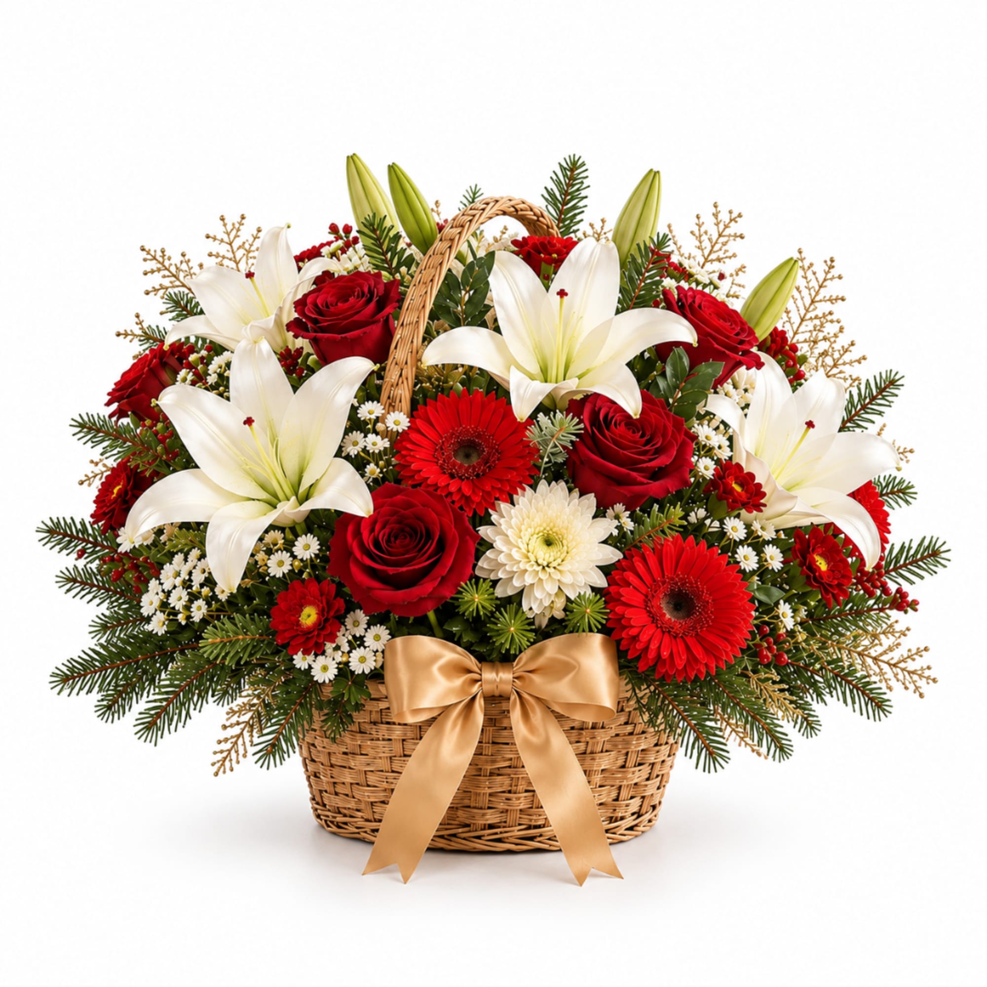 Basket arrangement of red roses, white lilies, and red gerbera daisies with a gold ribbon