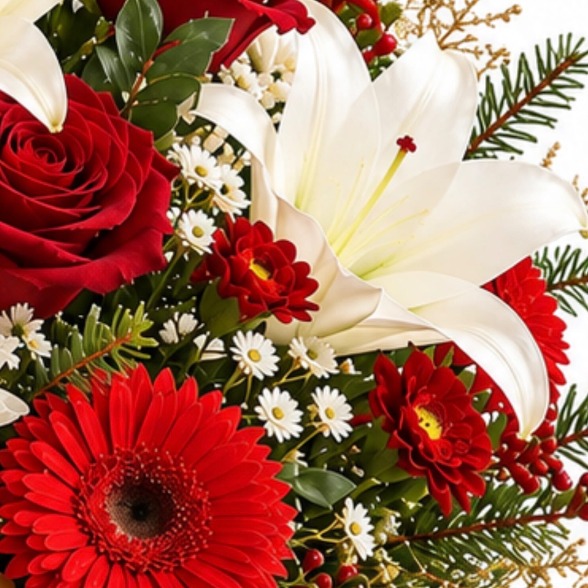 Red roses and gerbera daisies with white lilies in a festive bouquet