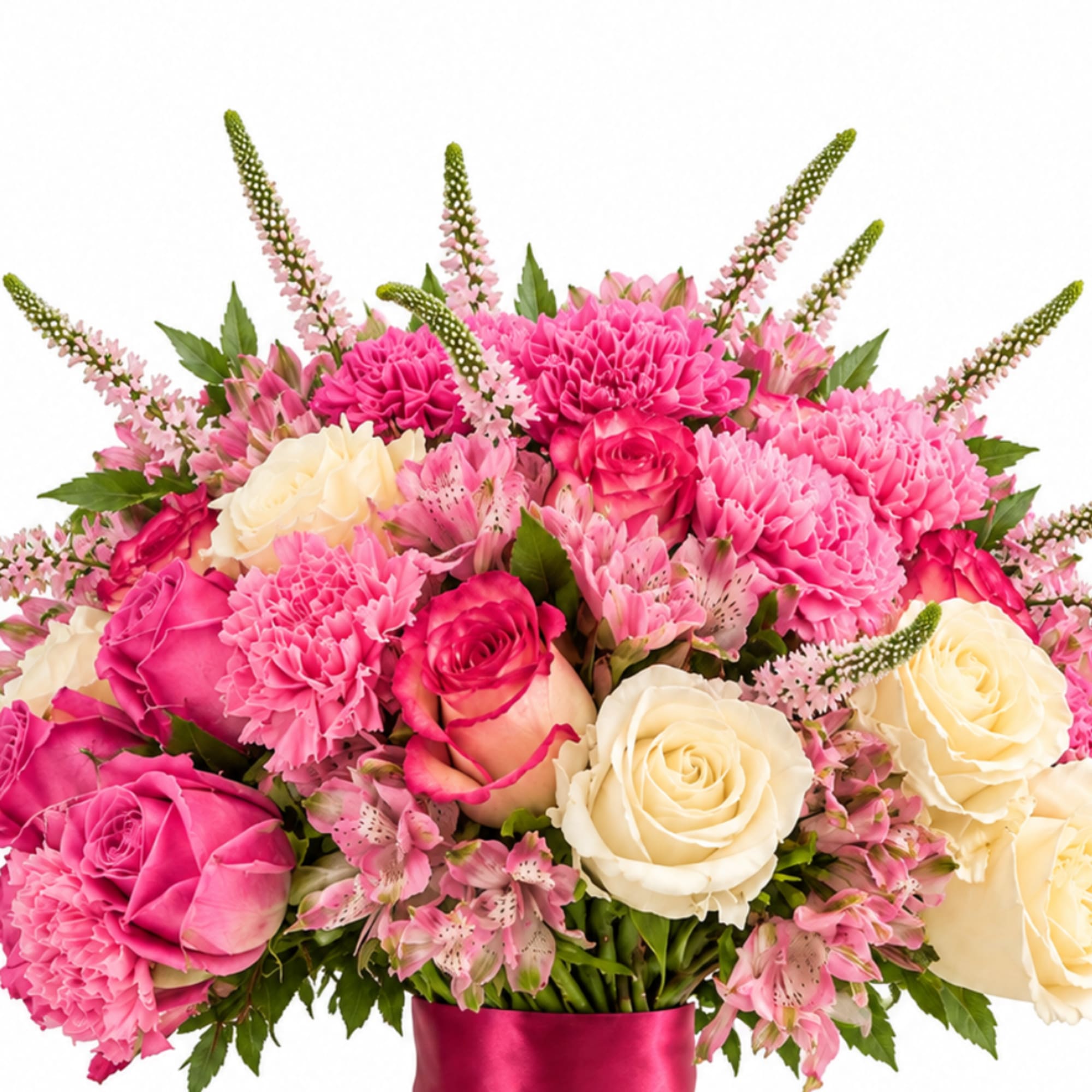 Pink and cream bouquet of roses, carnations, and alstroemeria in a pink ribbon wrap
