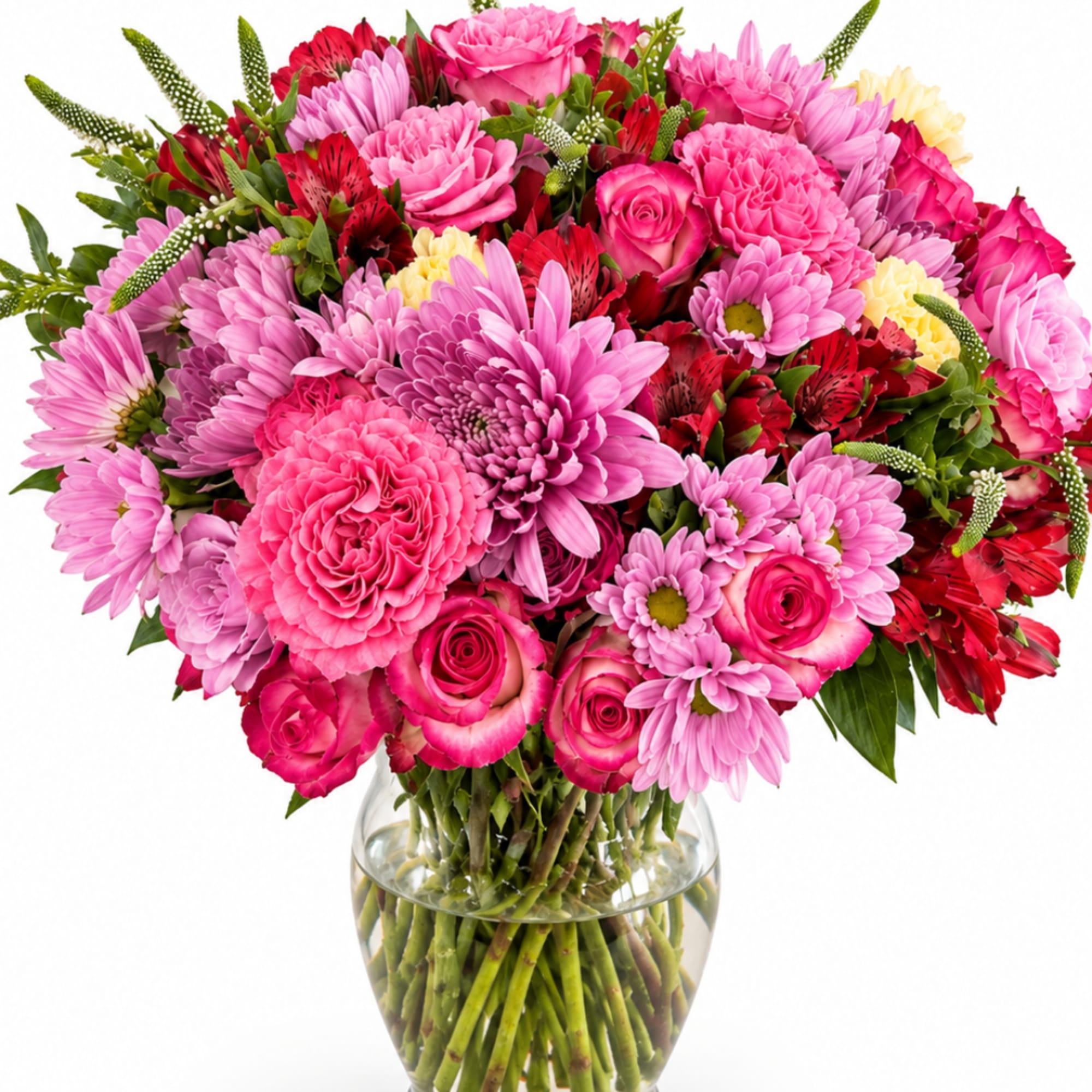 Mixed pink and red bouquet in a clear glass vase