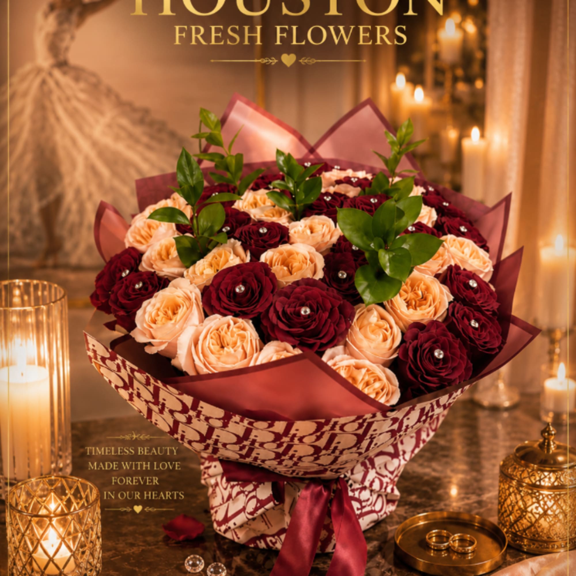 A lavish couture bouquet where deep velvet crimson roses entwine with soft, photo 2 of 2
