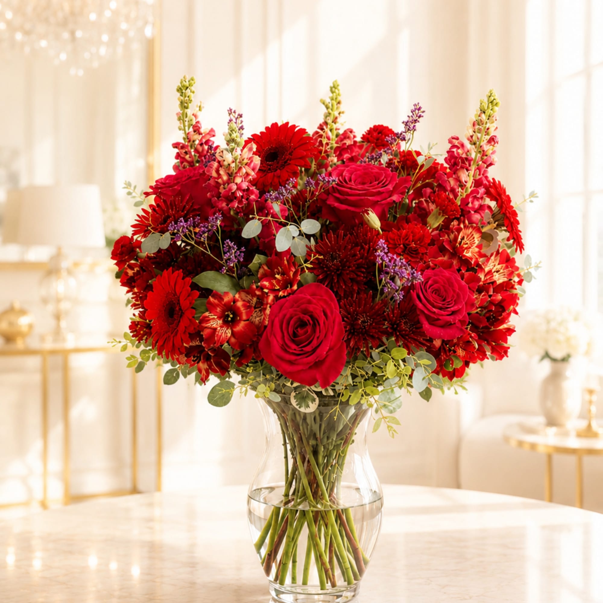 Red roses and mixed red flowers arranged in a clear glass vase