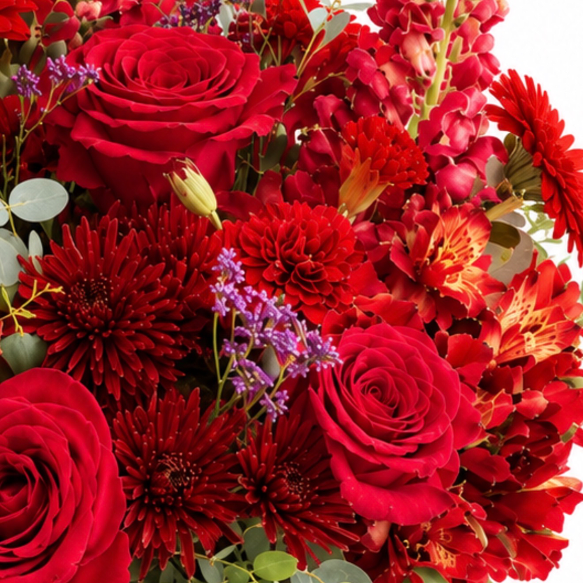Bouquet of red roses and red daisy-like flowers with small purple accents