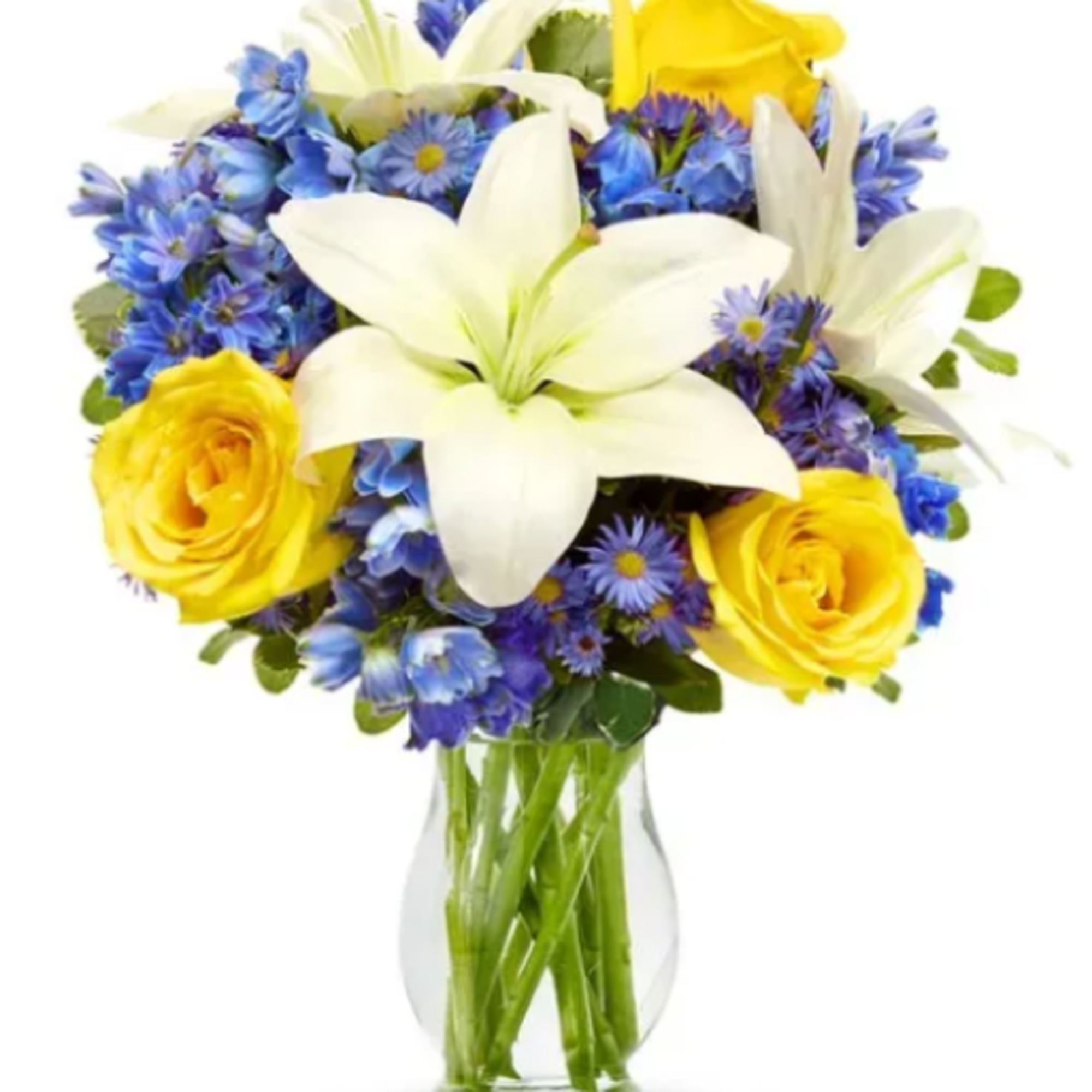 Two large white lilies open at the center of this rounded flower