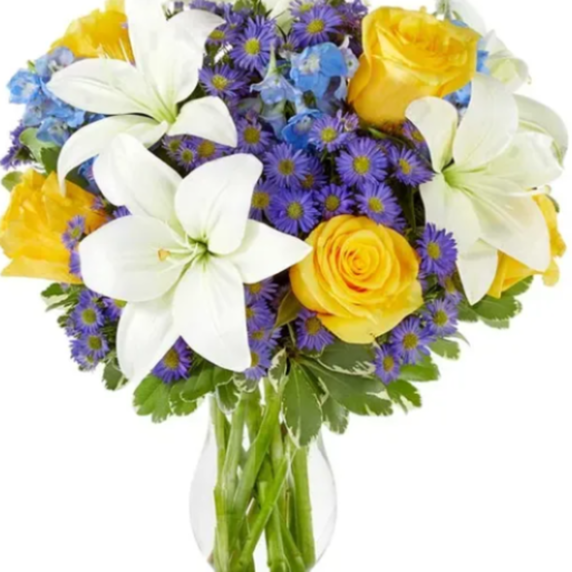 Two large white lilies open at the center of this rounded flower
