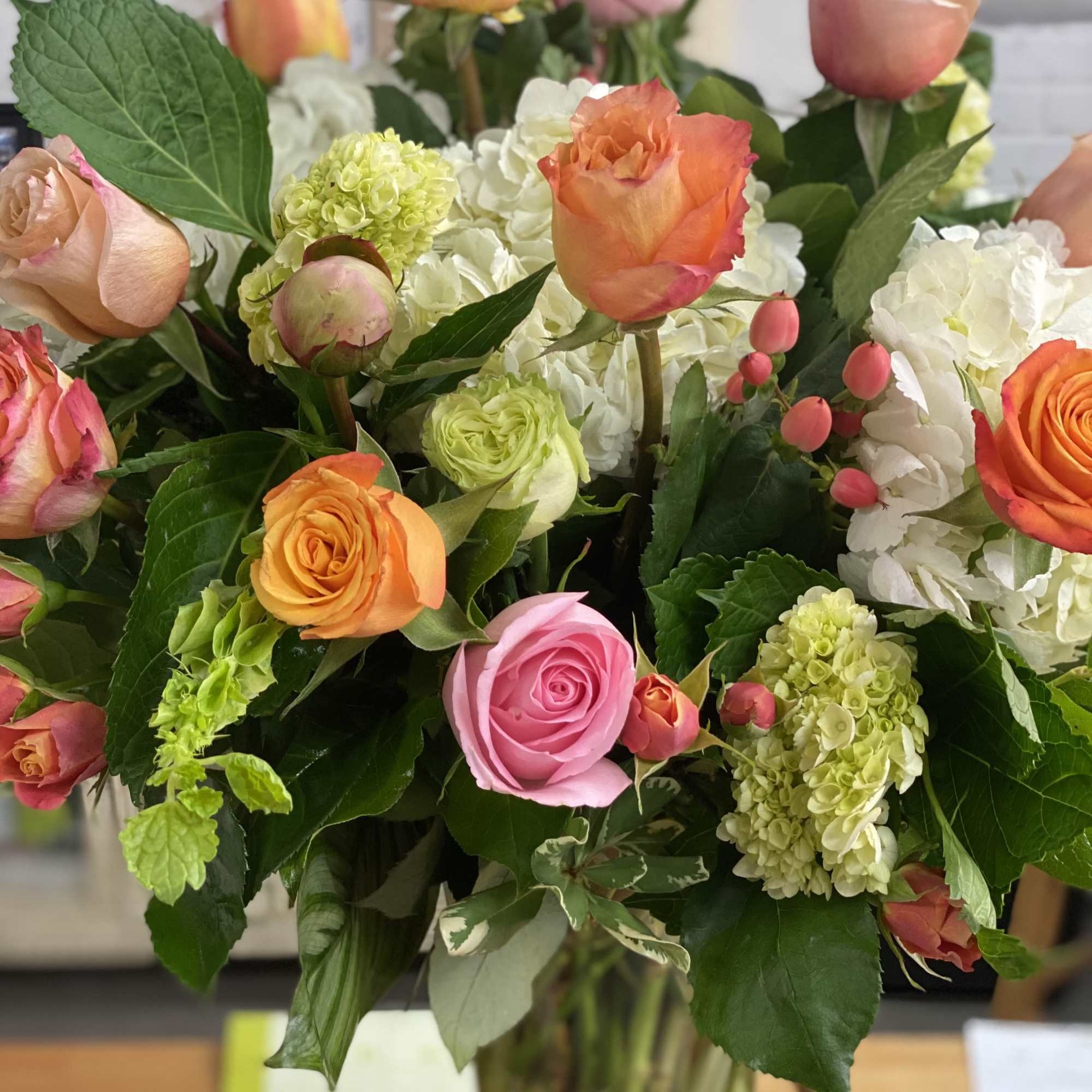 Bright pinks &amp; oranges, a colorful mix in tall glass vase, photo 2 of 2