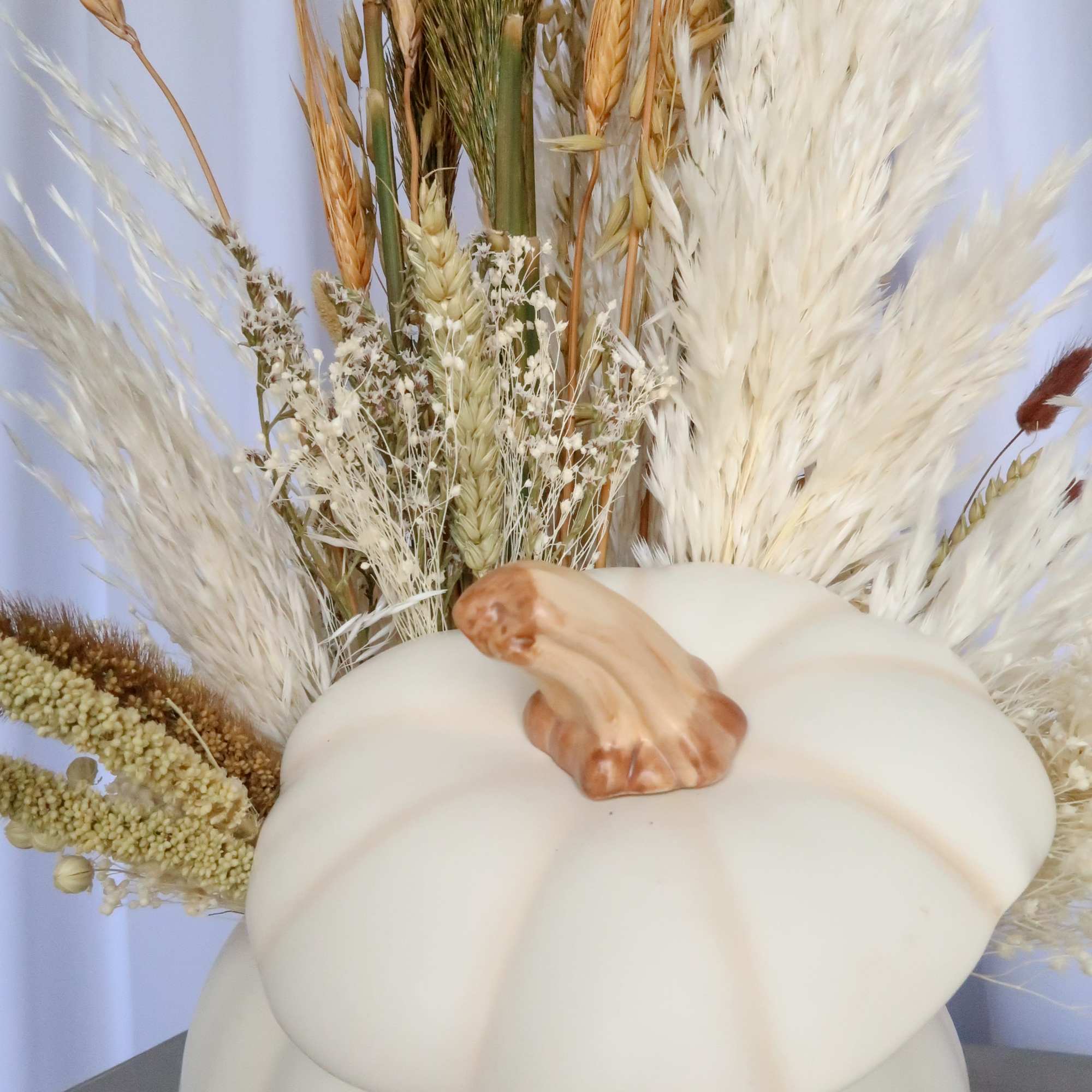 White pumpkin with dried grasses and wheat stems