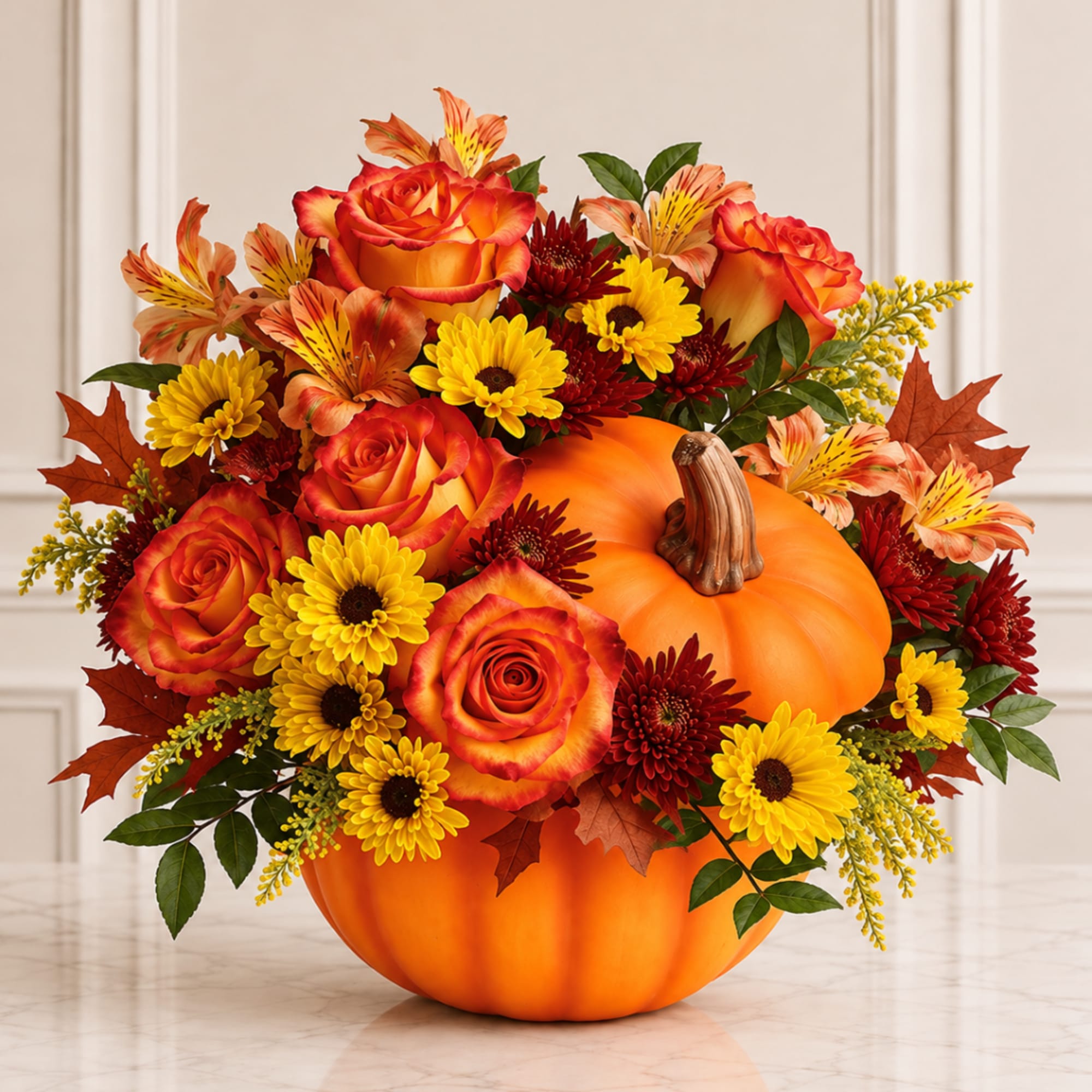 Pumpkin centerpiece with orange roses, yellow daisies, and autumn leaves