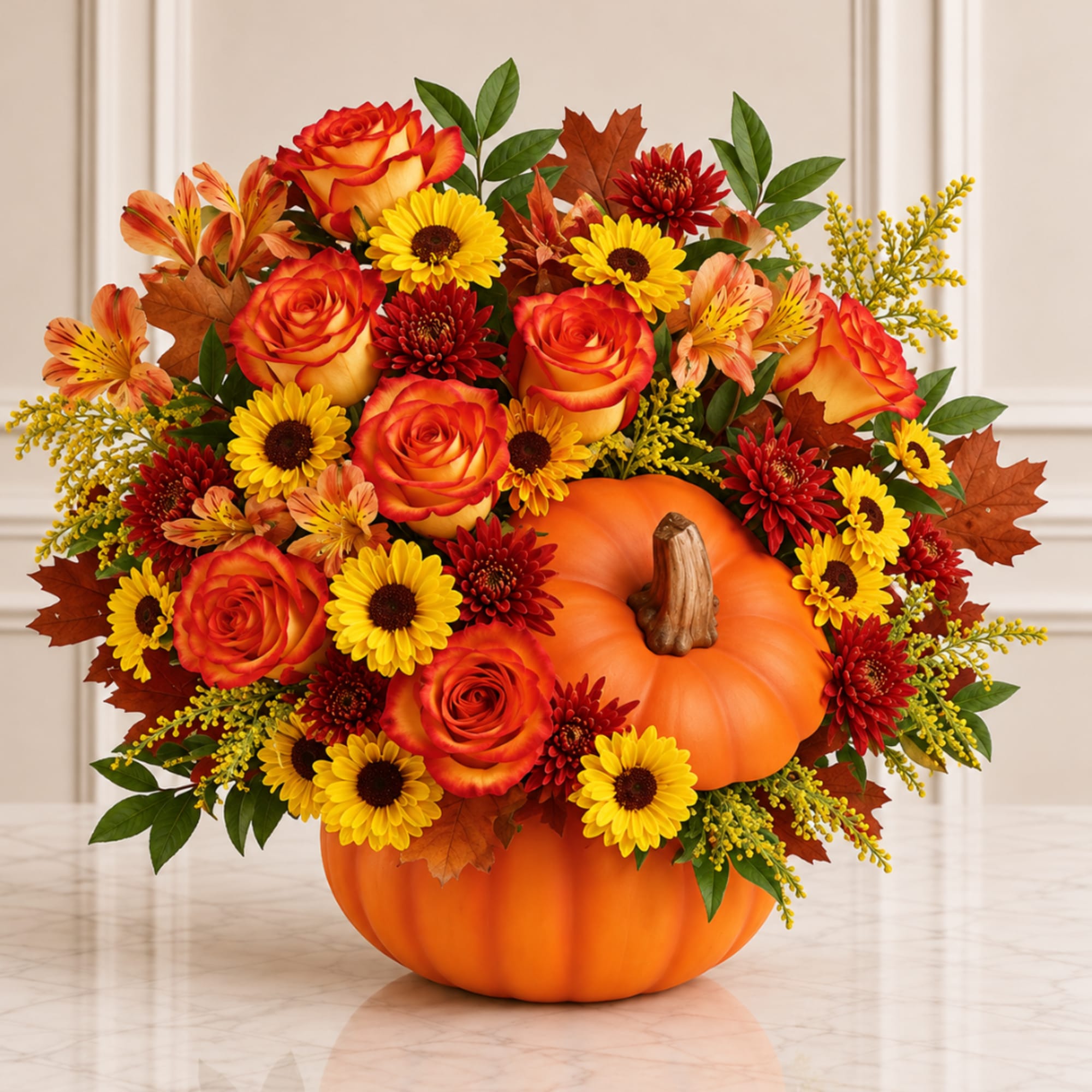 Autumn floral arrangement in a pumpkin container with orange roses and yellow daisies
