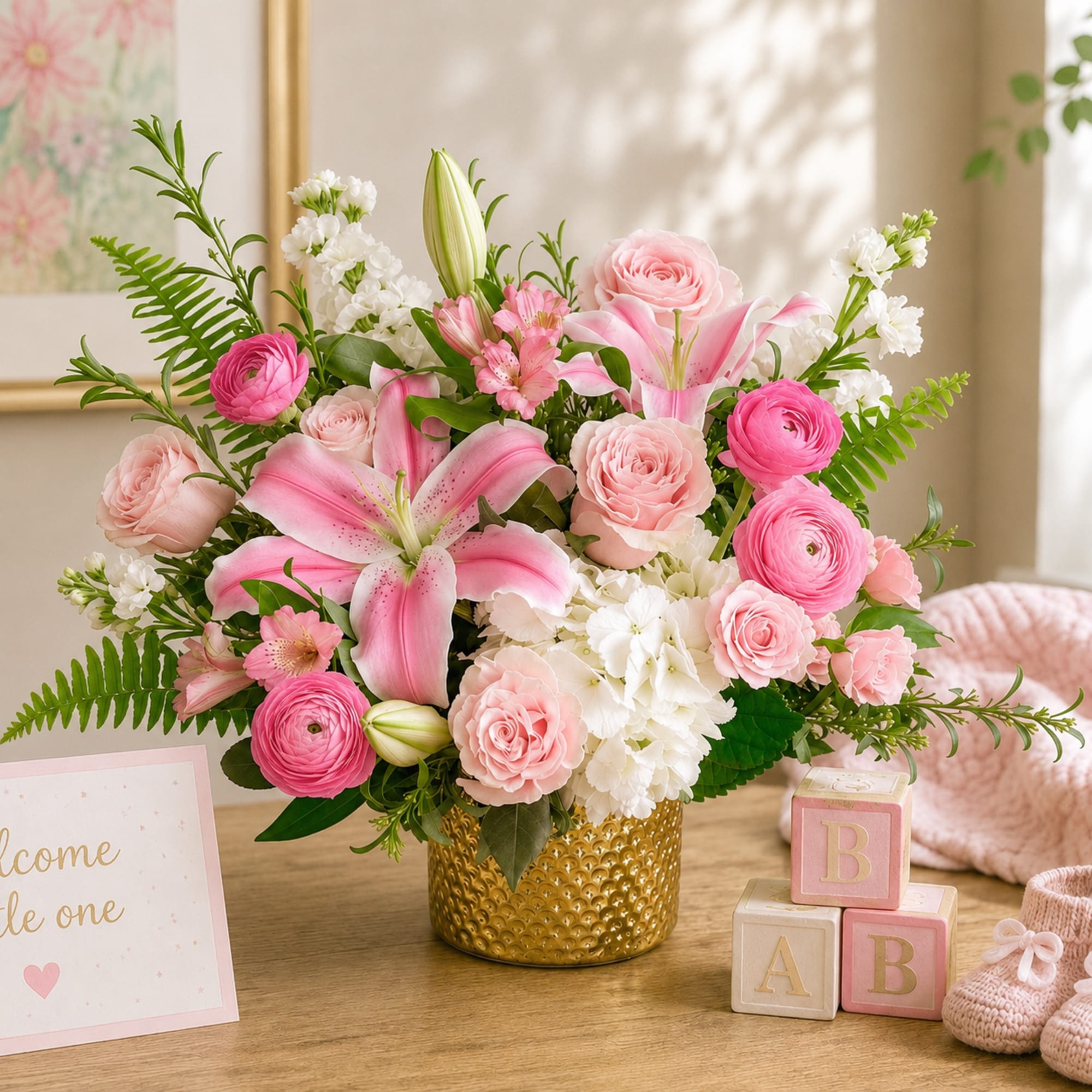 Pink and white floral arrangement in a gold vase with baby blocks nearby