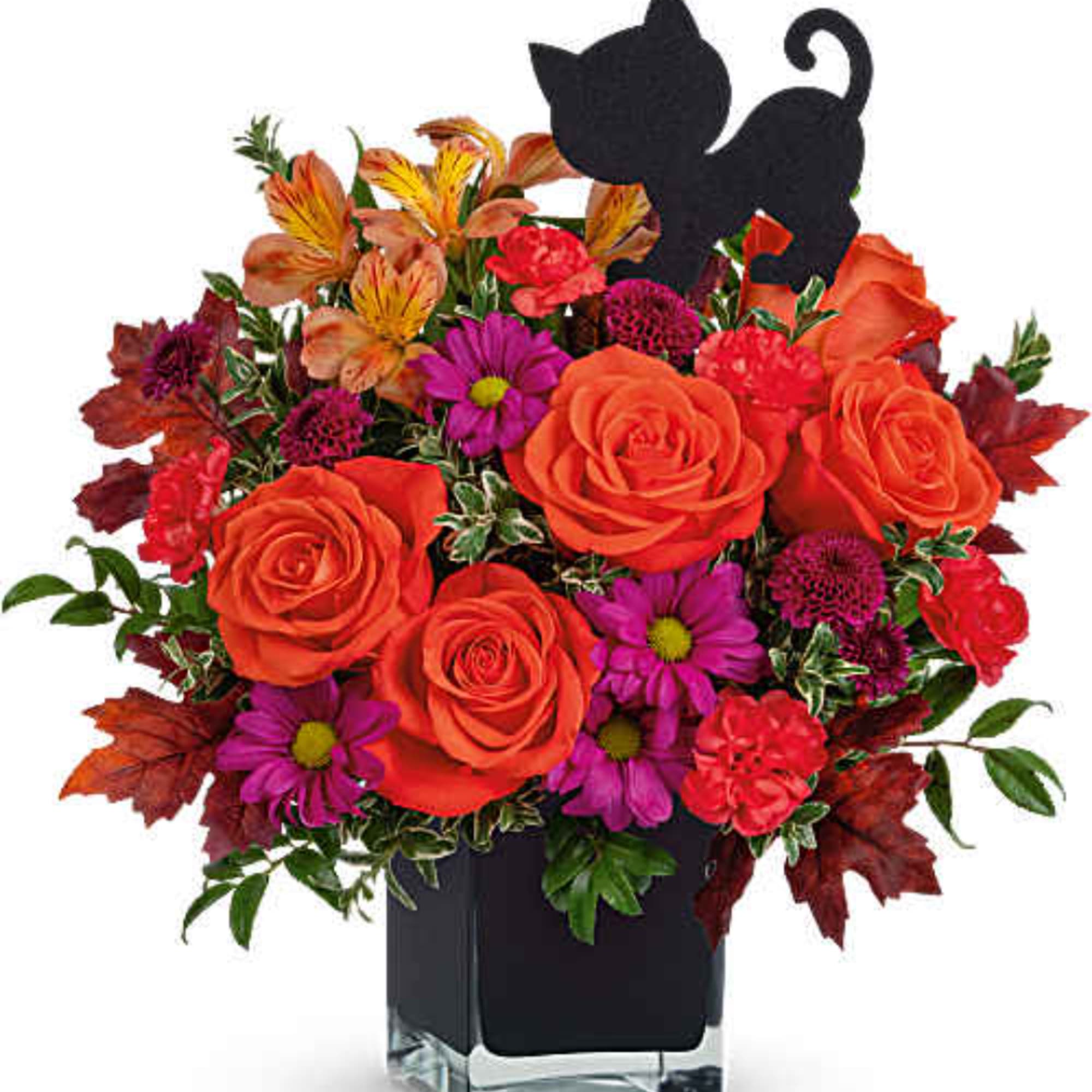Orange and purple mixed flower arrangement in a black vase with a cat silhouette pick