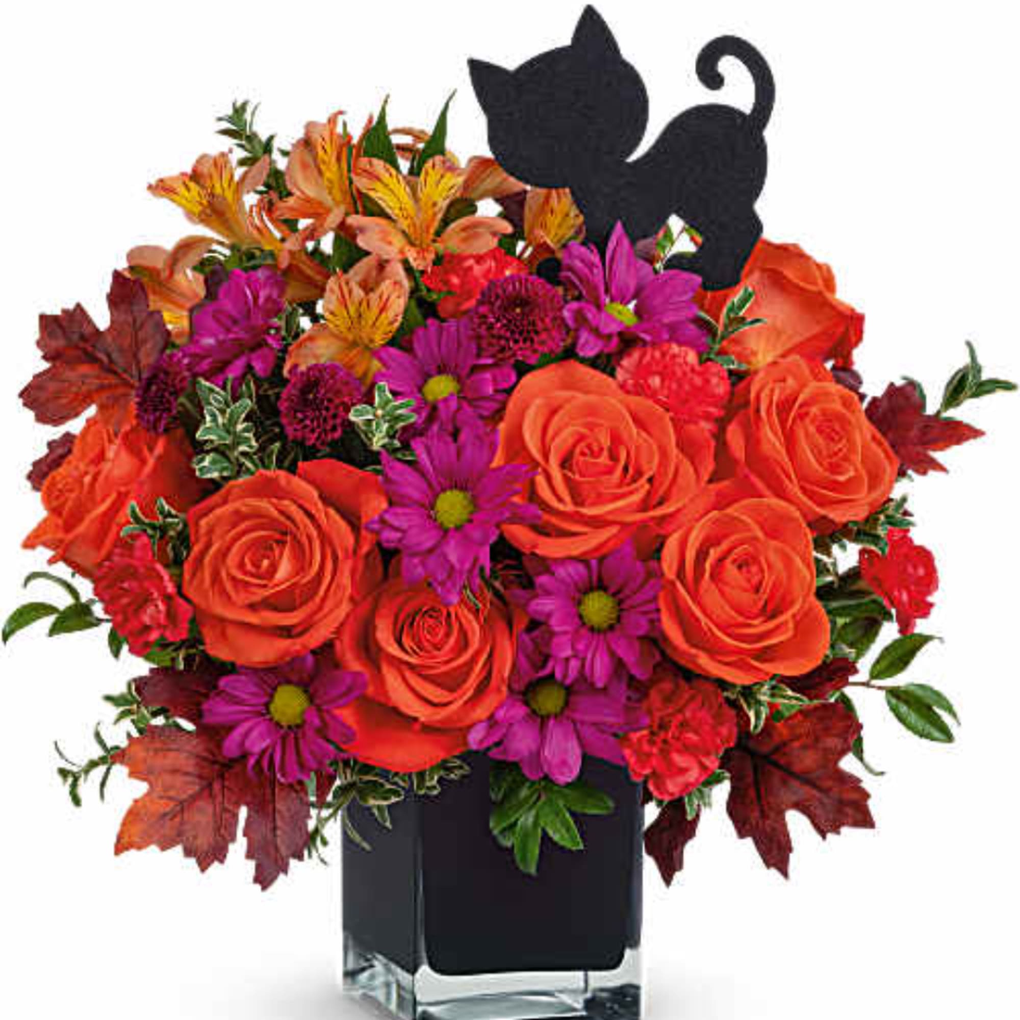 Orange roses and purple daisies in a black vase with a cat silhouette pick