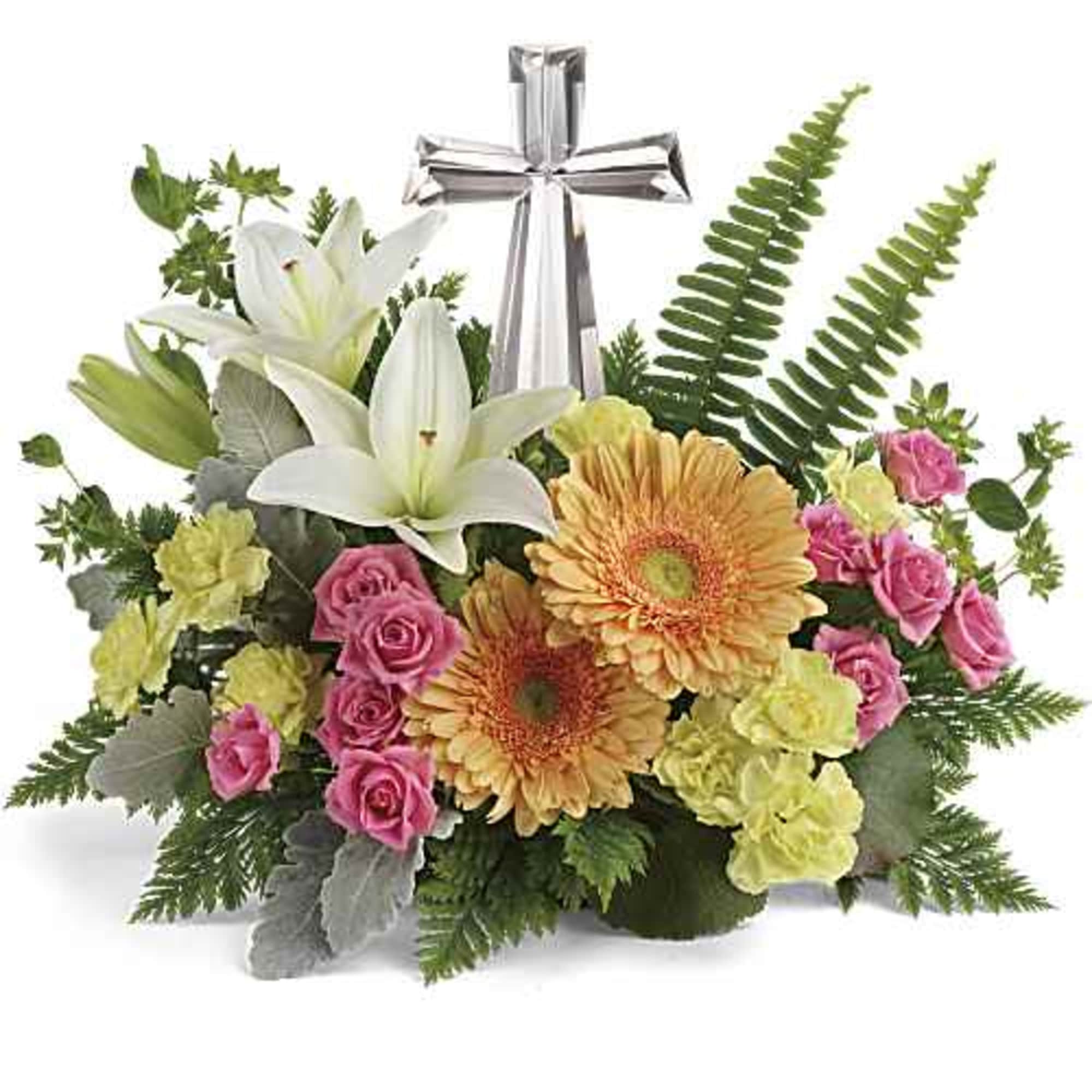 A radiant celebration of faith, this bright bouquet of cheerful orange and