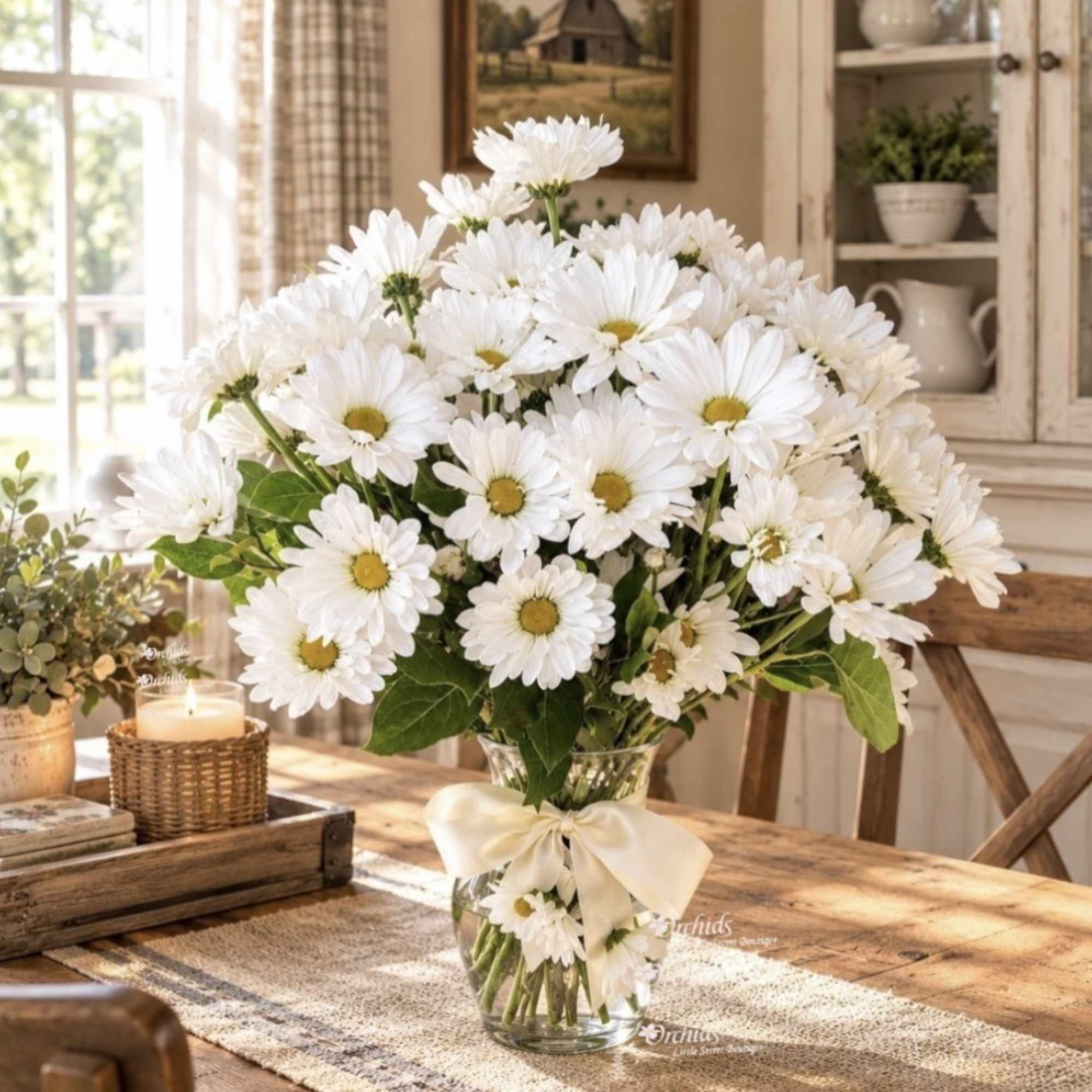 White daisy bouquet in a clear glass vase with a cream ribbon