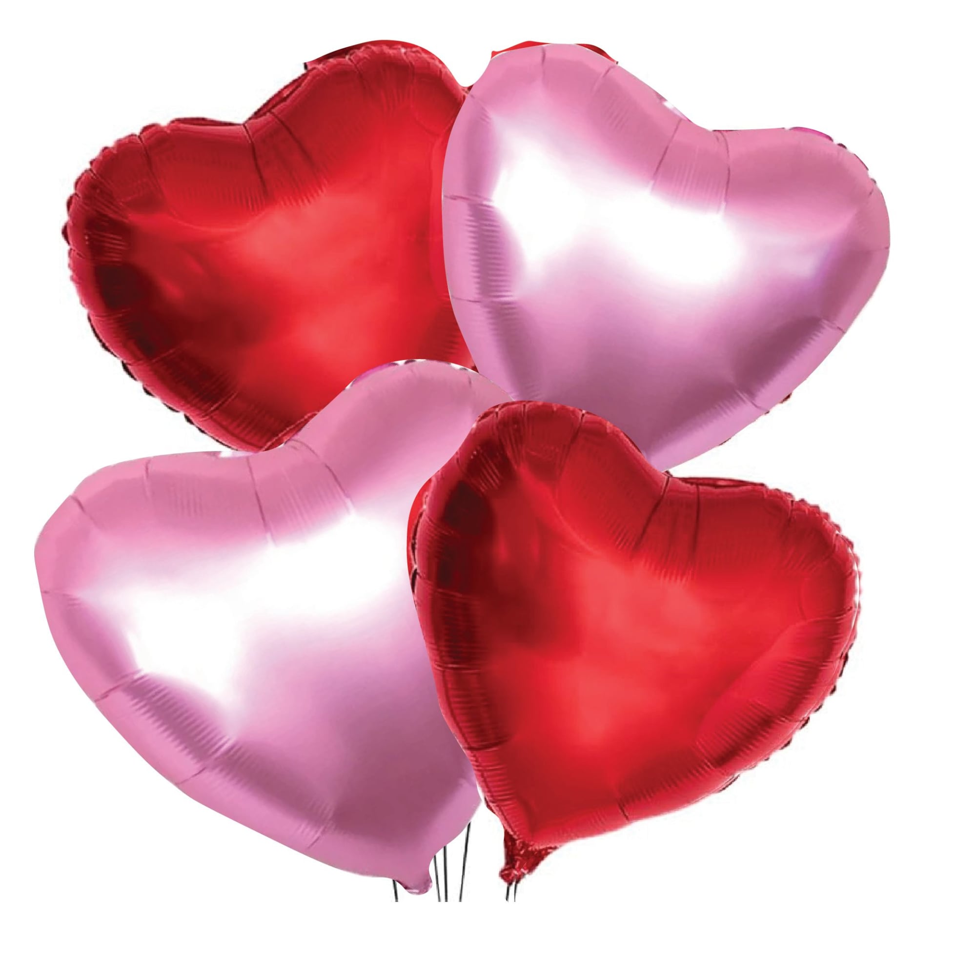 Four heart-shaped foil balloons in red and pink