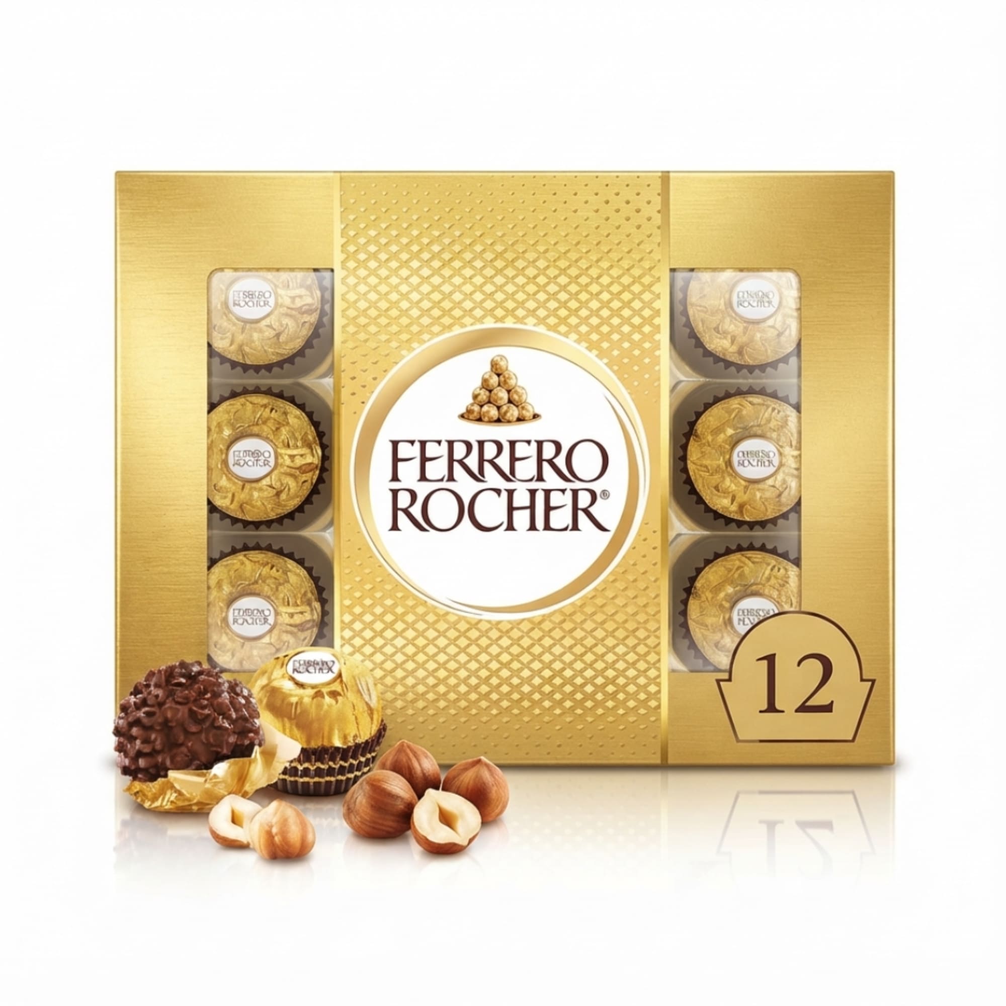 Ferrero Rocher chocolate gift box with 12 pieces and loose chocolates in front