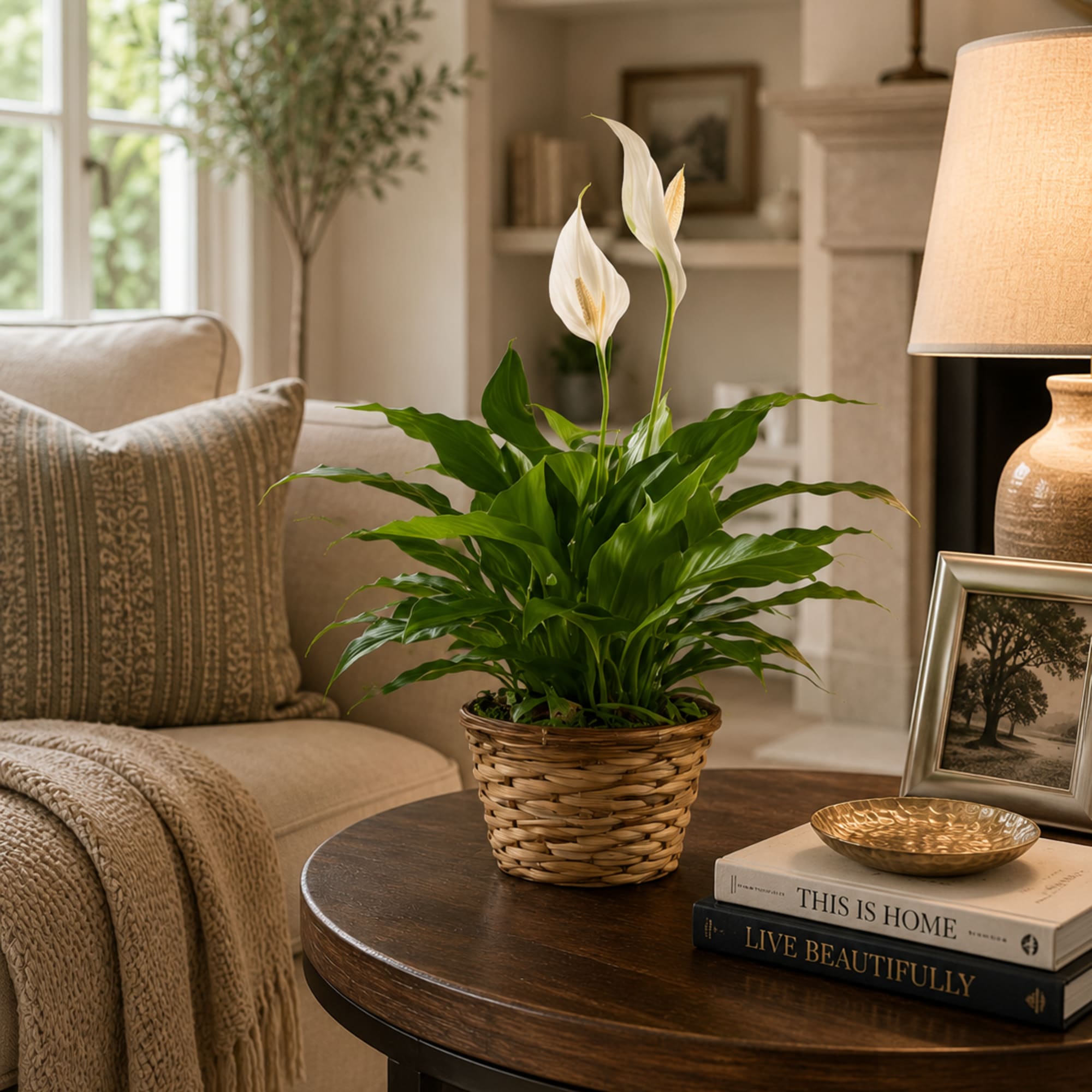 Potted peace lily in a woven basket on a living room table