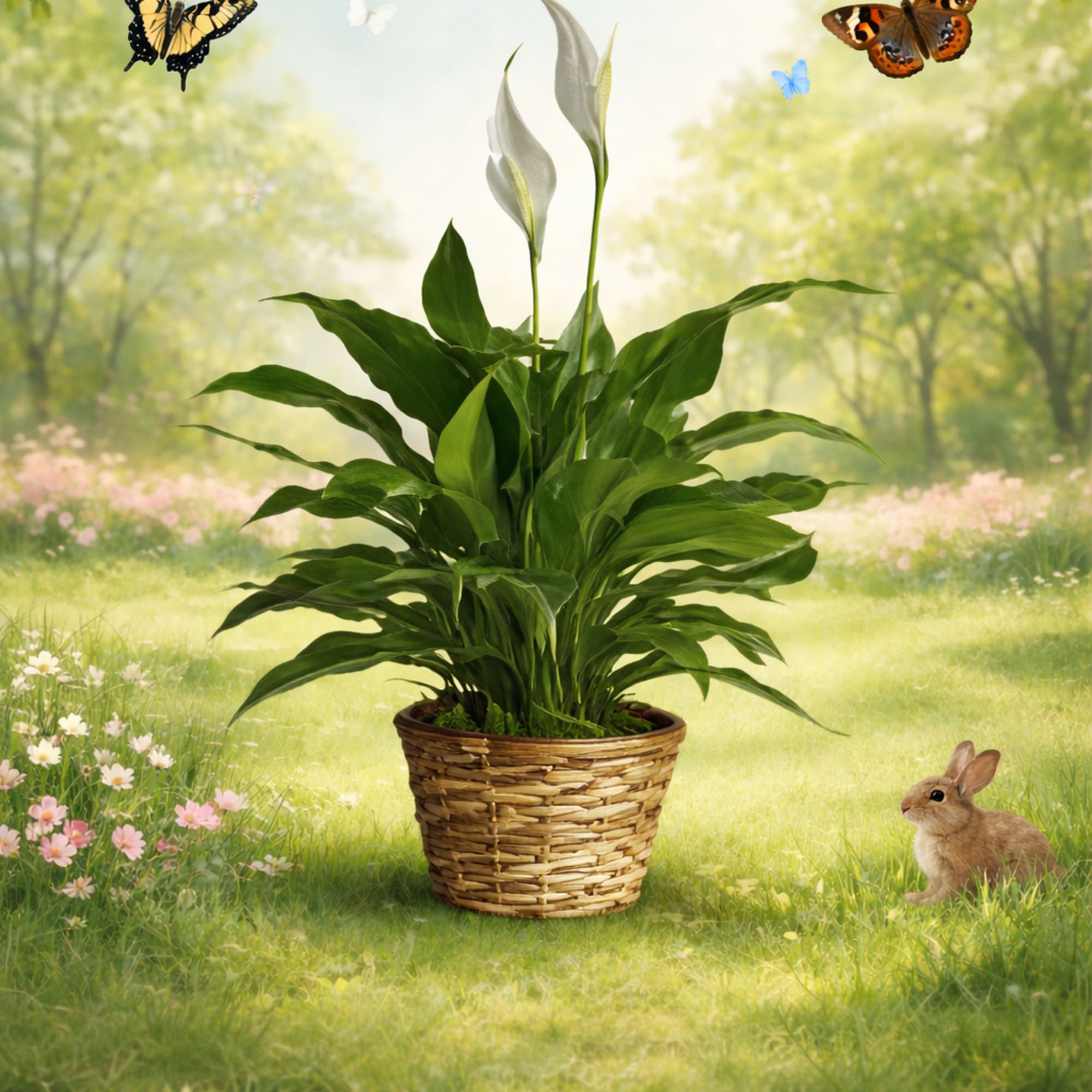 Potted peace lily with white blooms in a woven basket