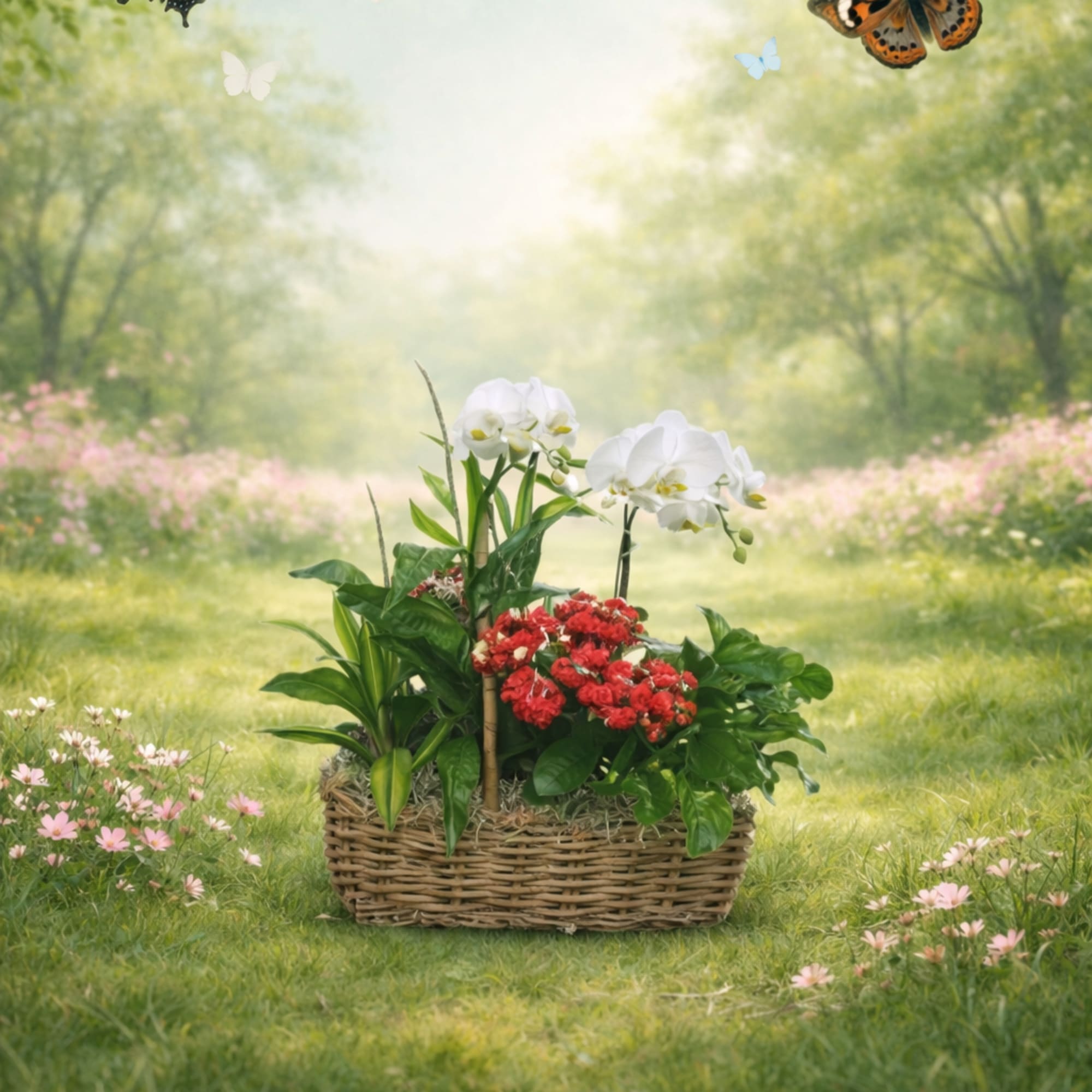 Wicker basket planter with white orchids and red flowering plants in a sunny garden setting.