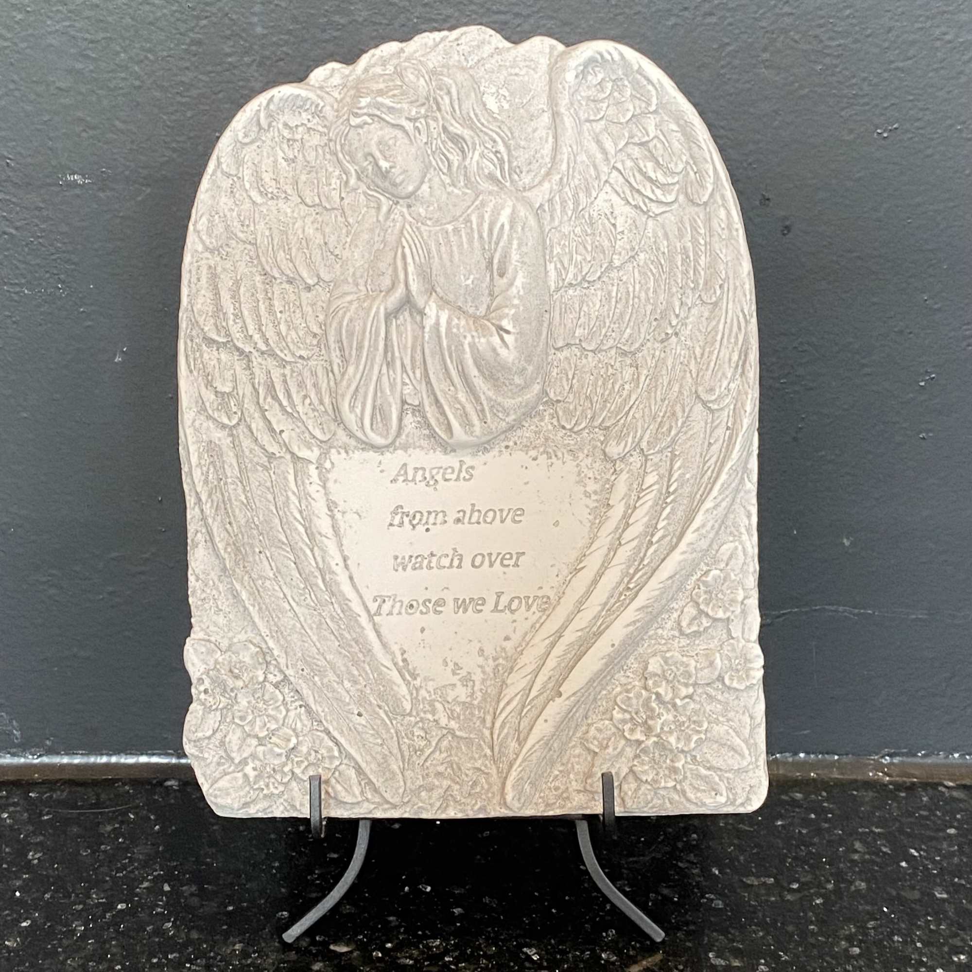 Angel memorial plaque with the words "Angels from above watch over those we love"