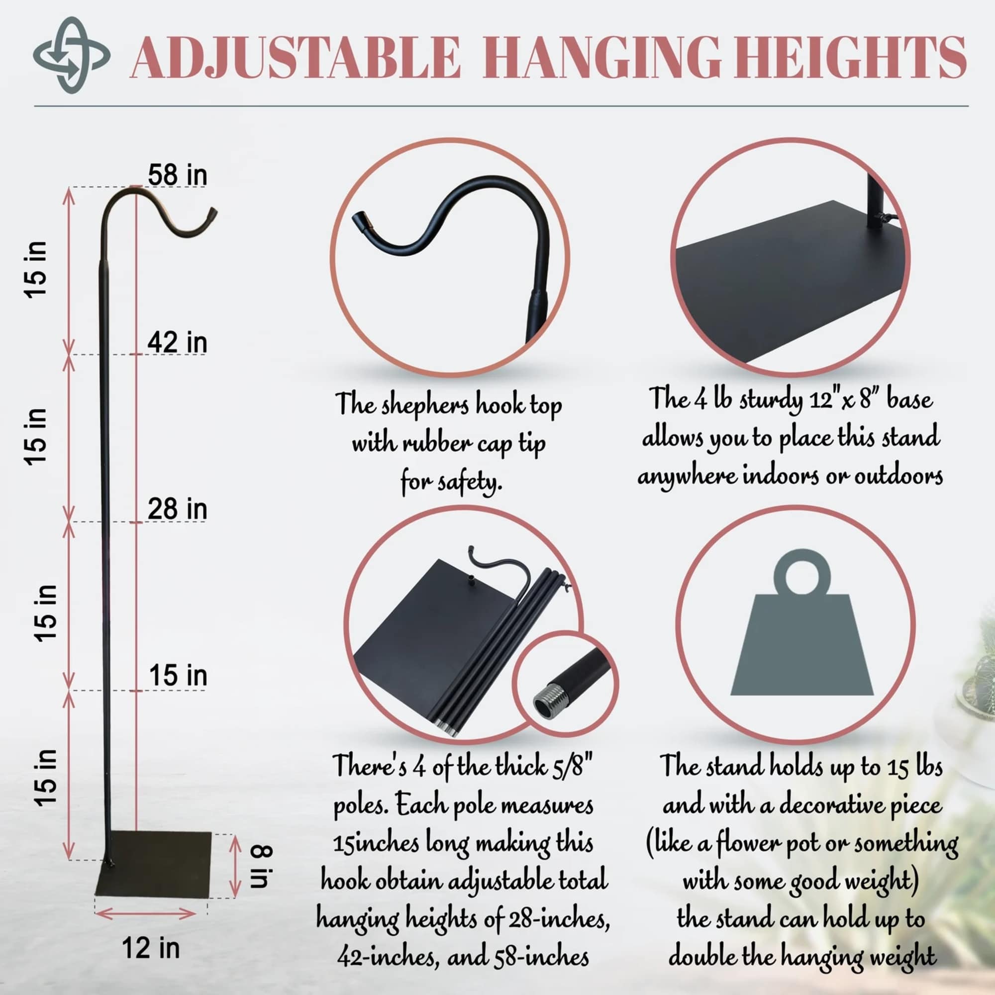 Black shepherd's hook stand with adjustable hanging heights and weighted base