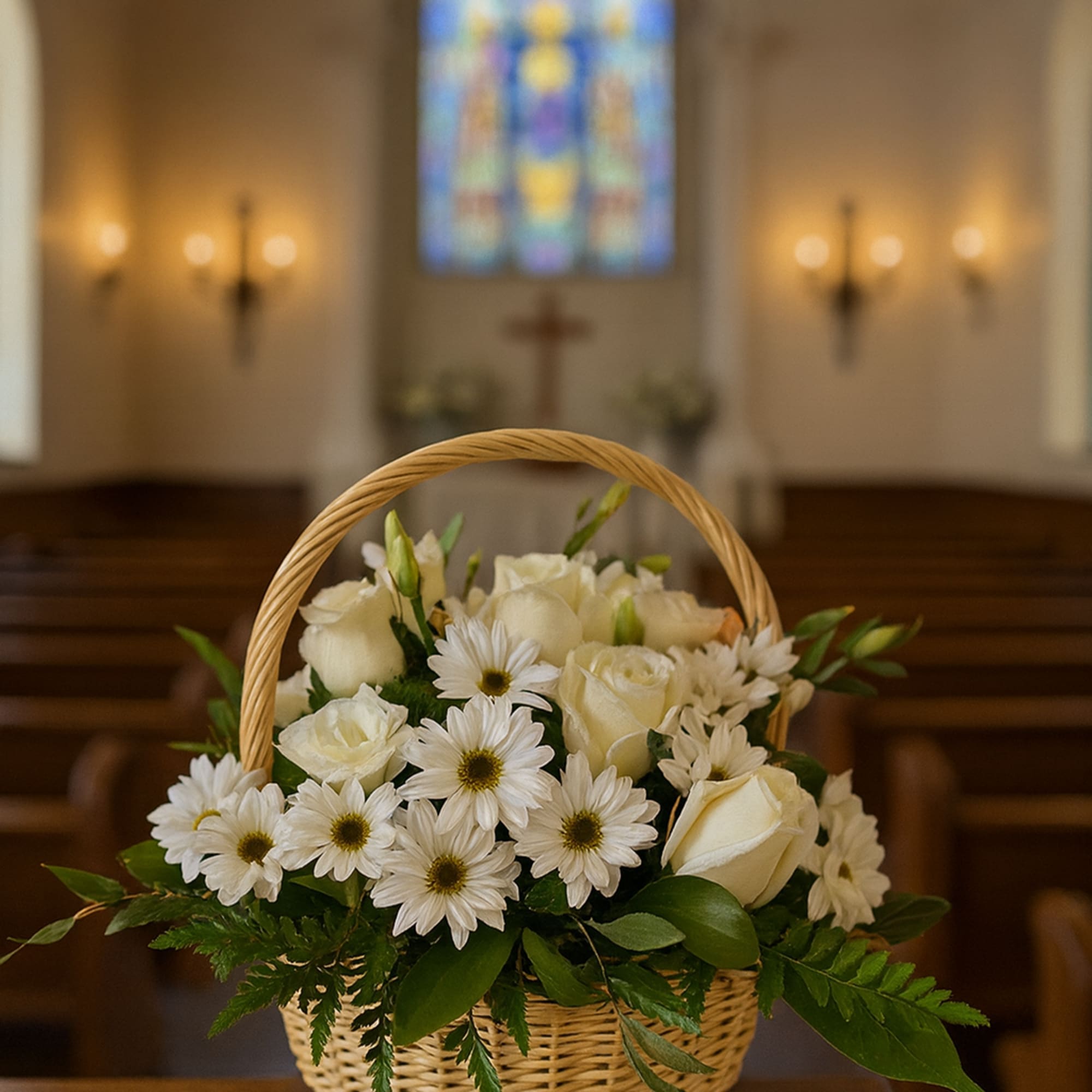Fresh flowers in basket 
Basket may come in other colors 
Brown or