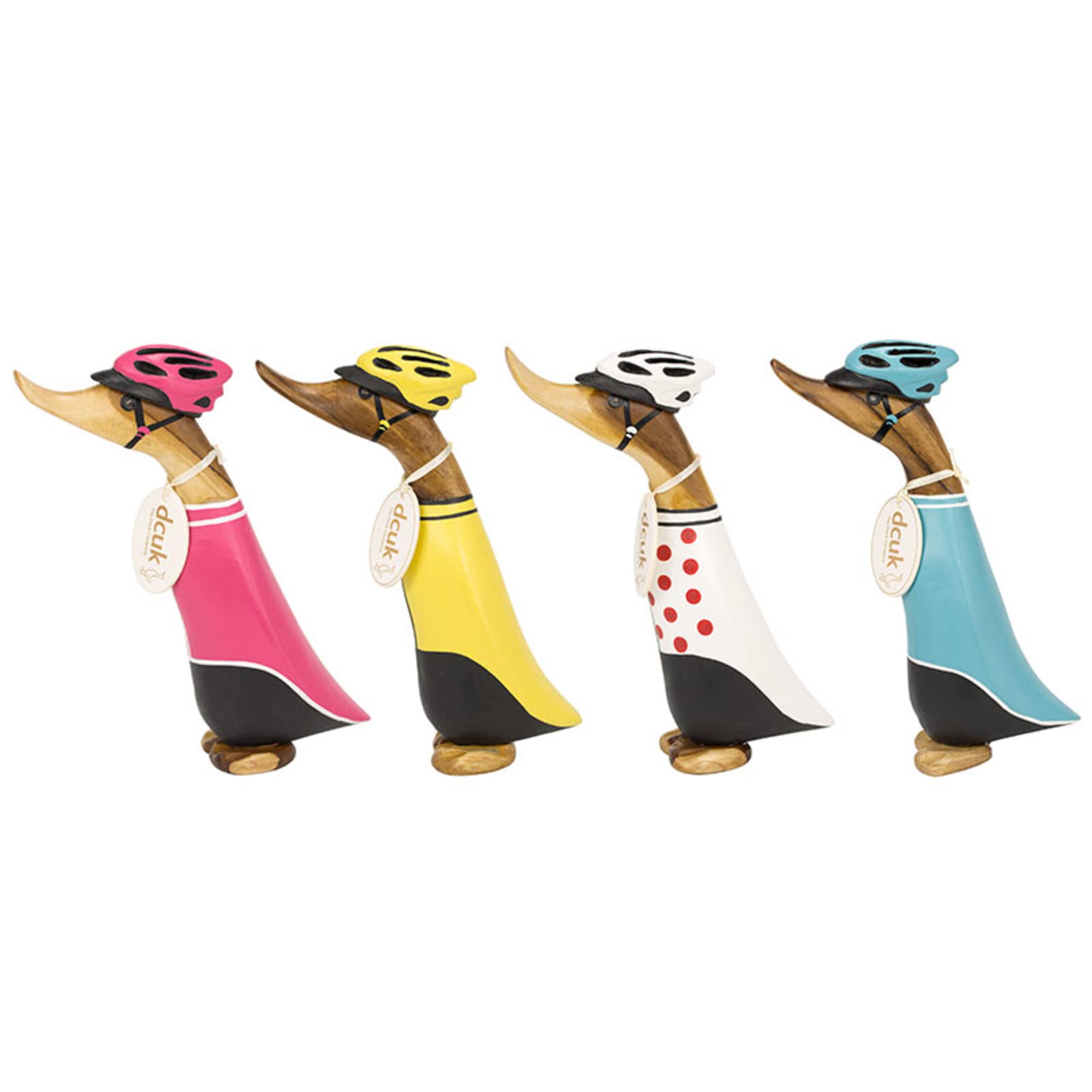 Four colorful duck figurines wearing bicycle helmets and dresses