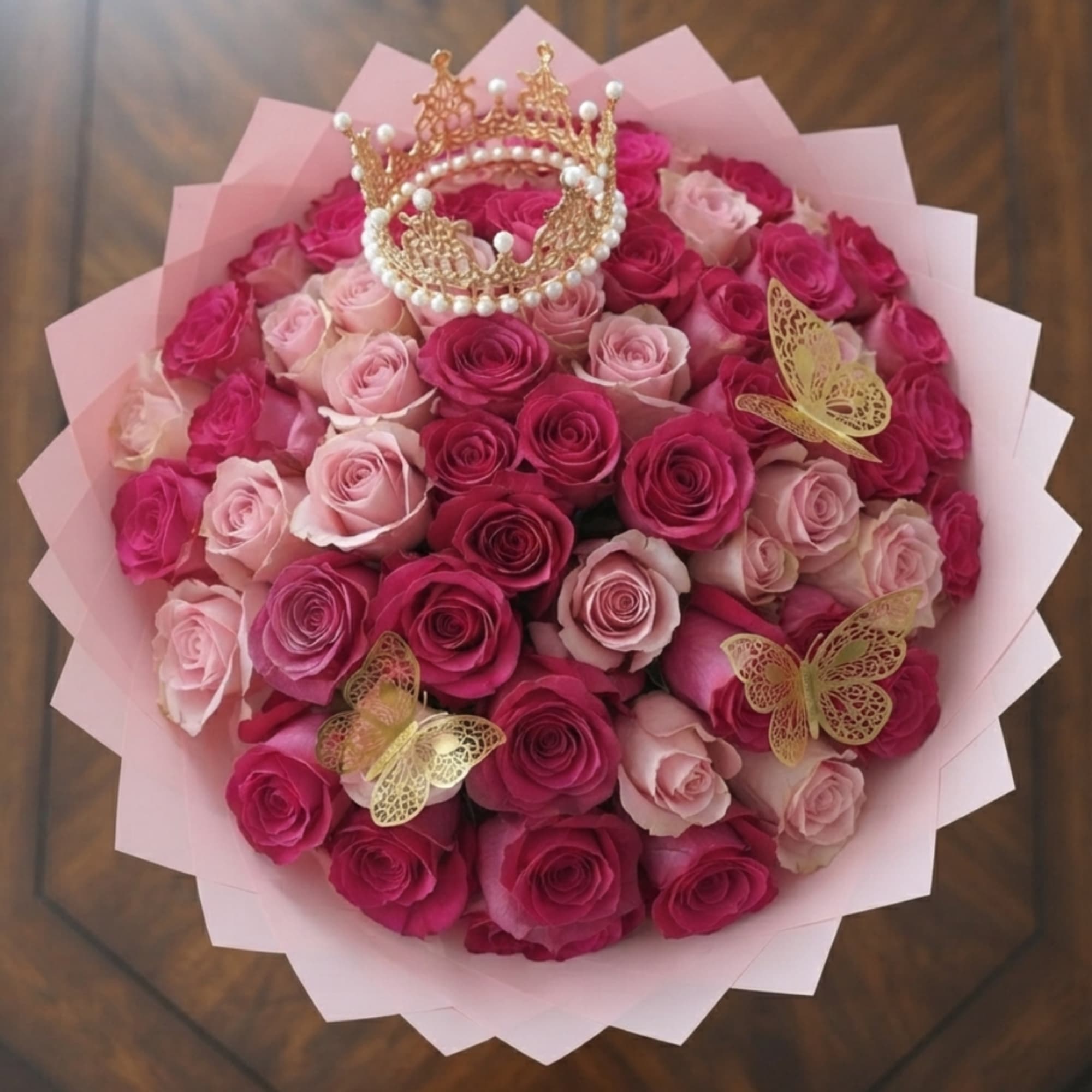 Bouquet of pink and magenta roses wrapped in pale pink paper with decorative crown and butterflies