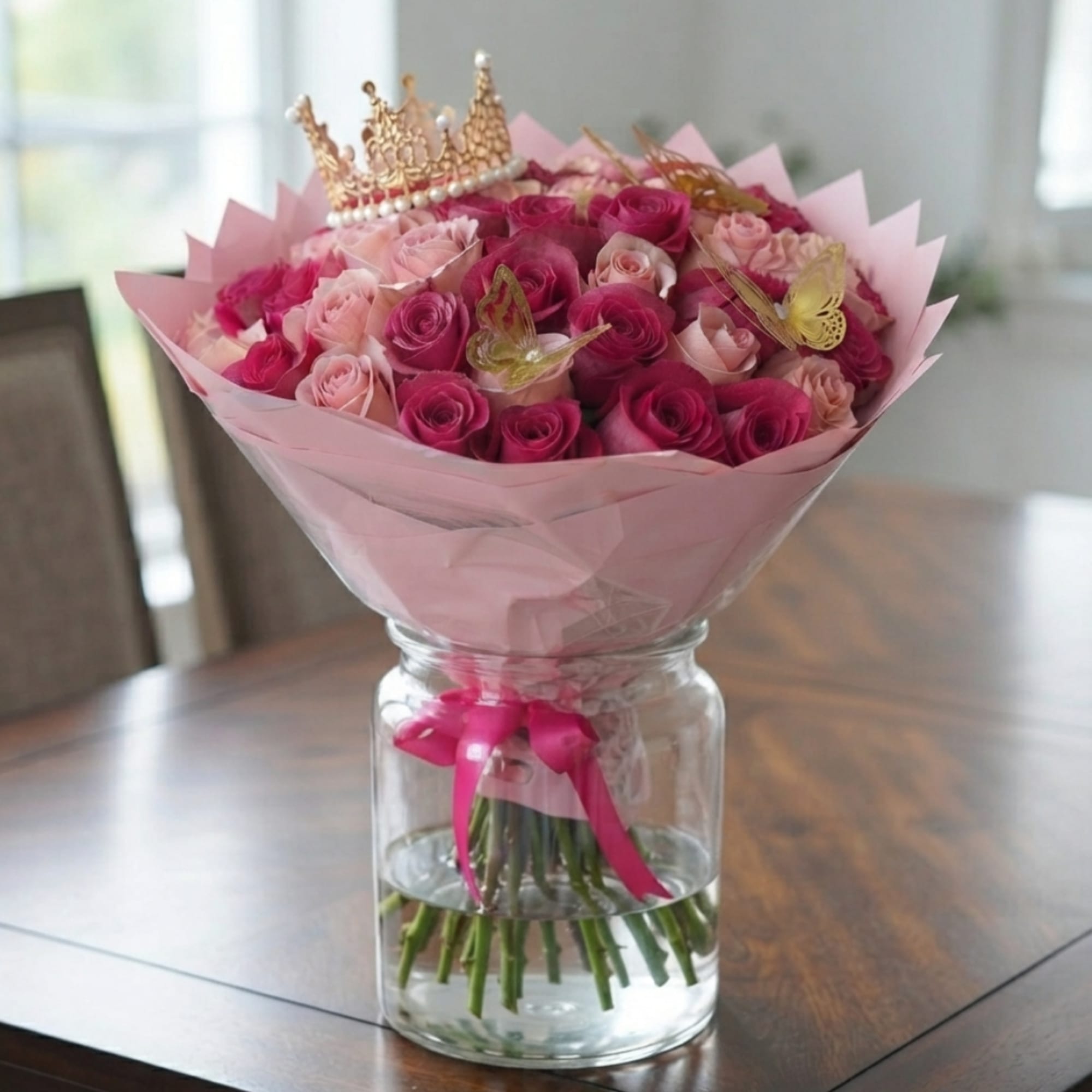 Pink and magenta roses arranged in a glass vase with a ribbon and crown topper