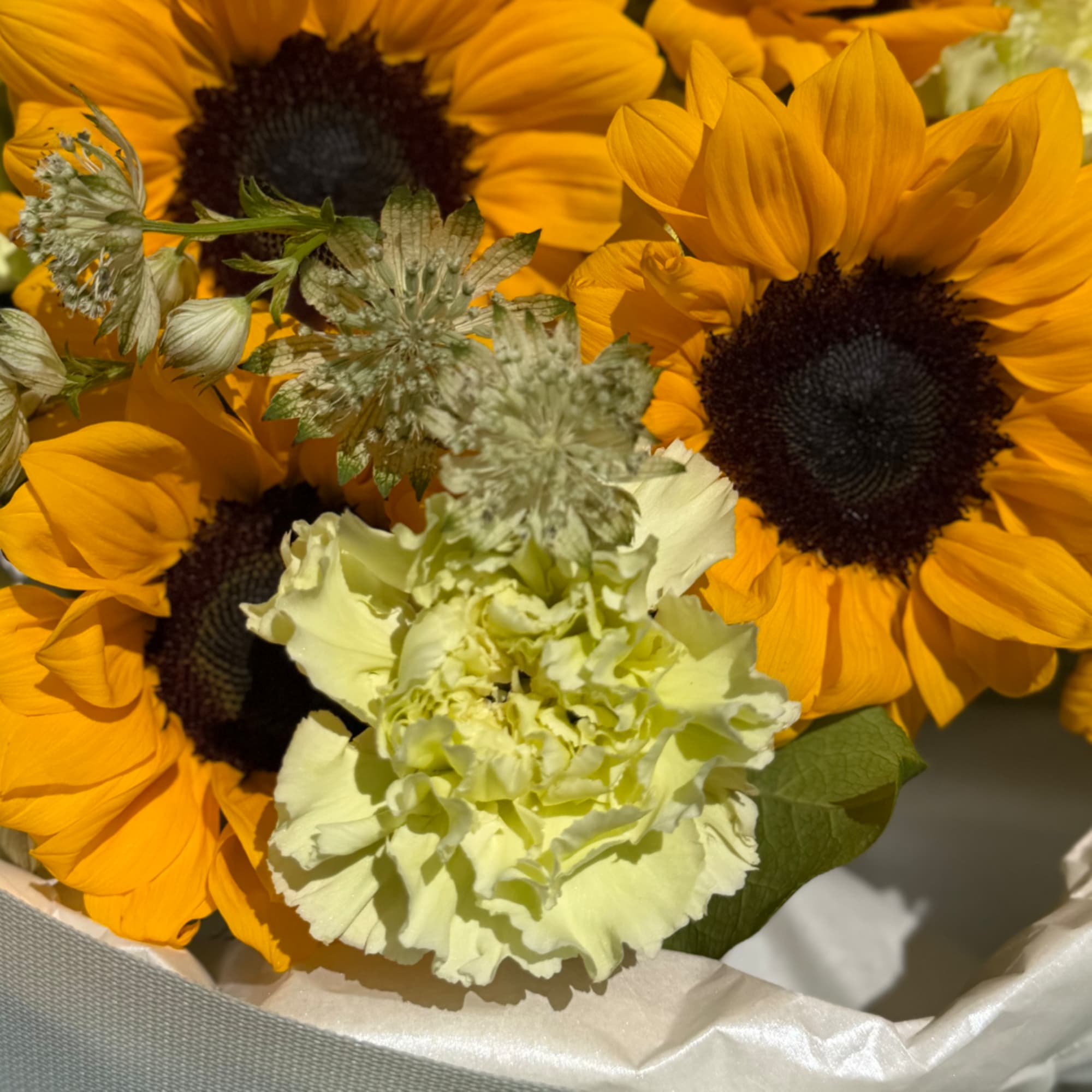 Bouquet of sunflowers with a pale green carnation