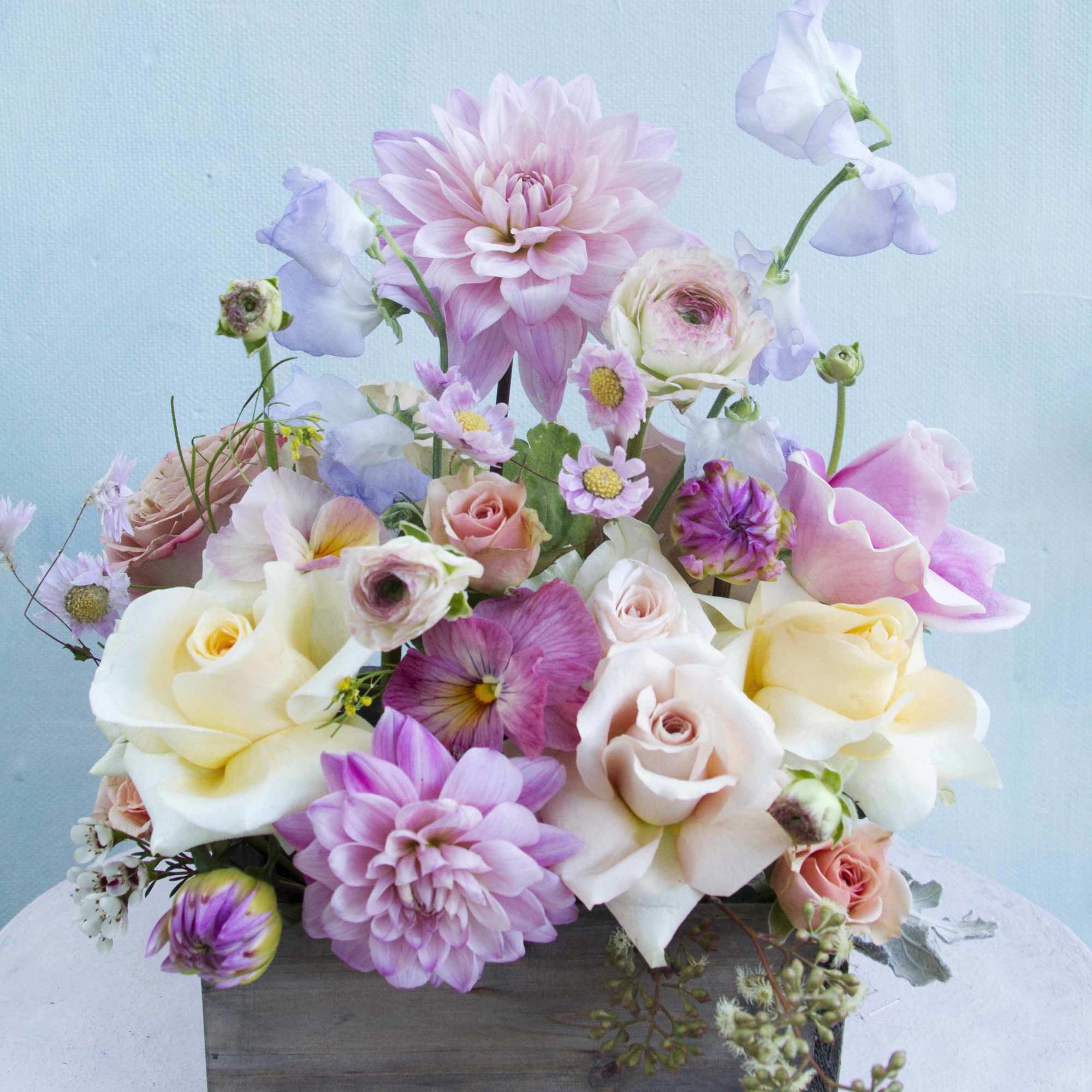 Adorable box of dreamy pastel flowers, with the feel of a flower
