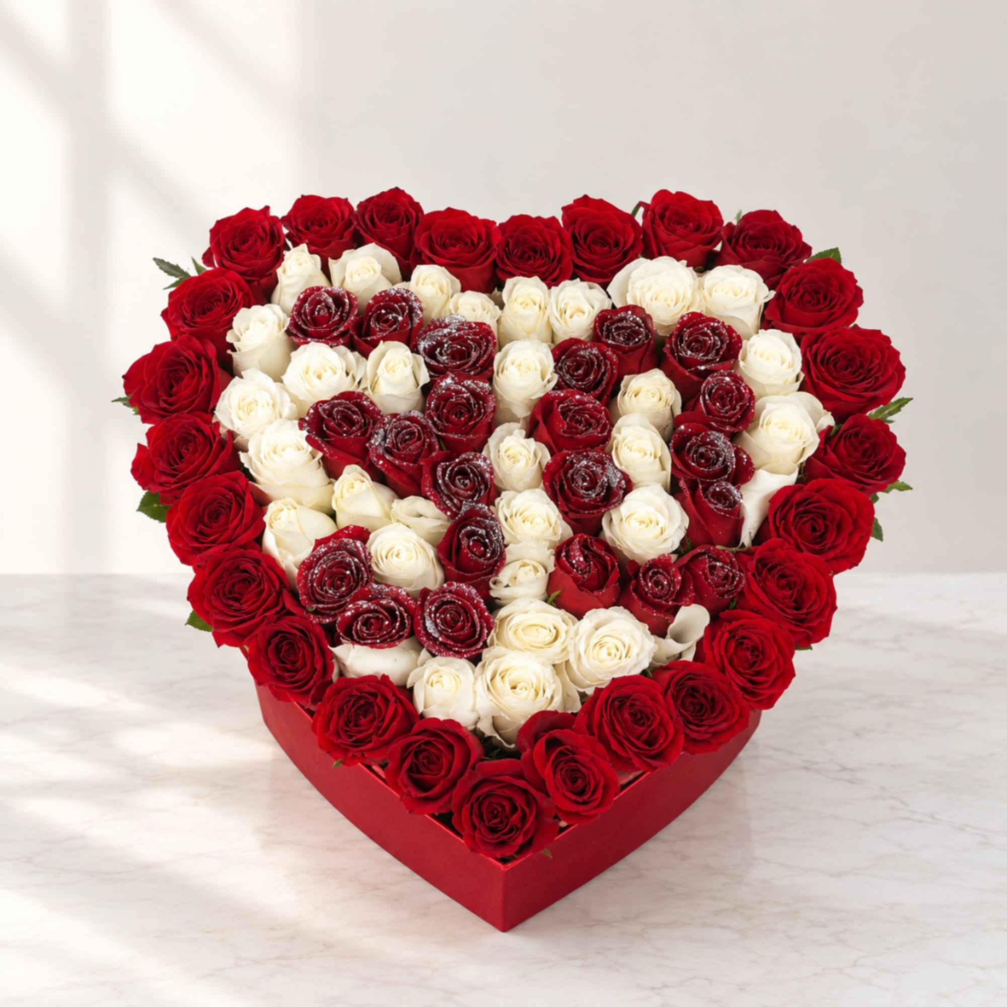 Heart-shaped box filled with red and white roses