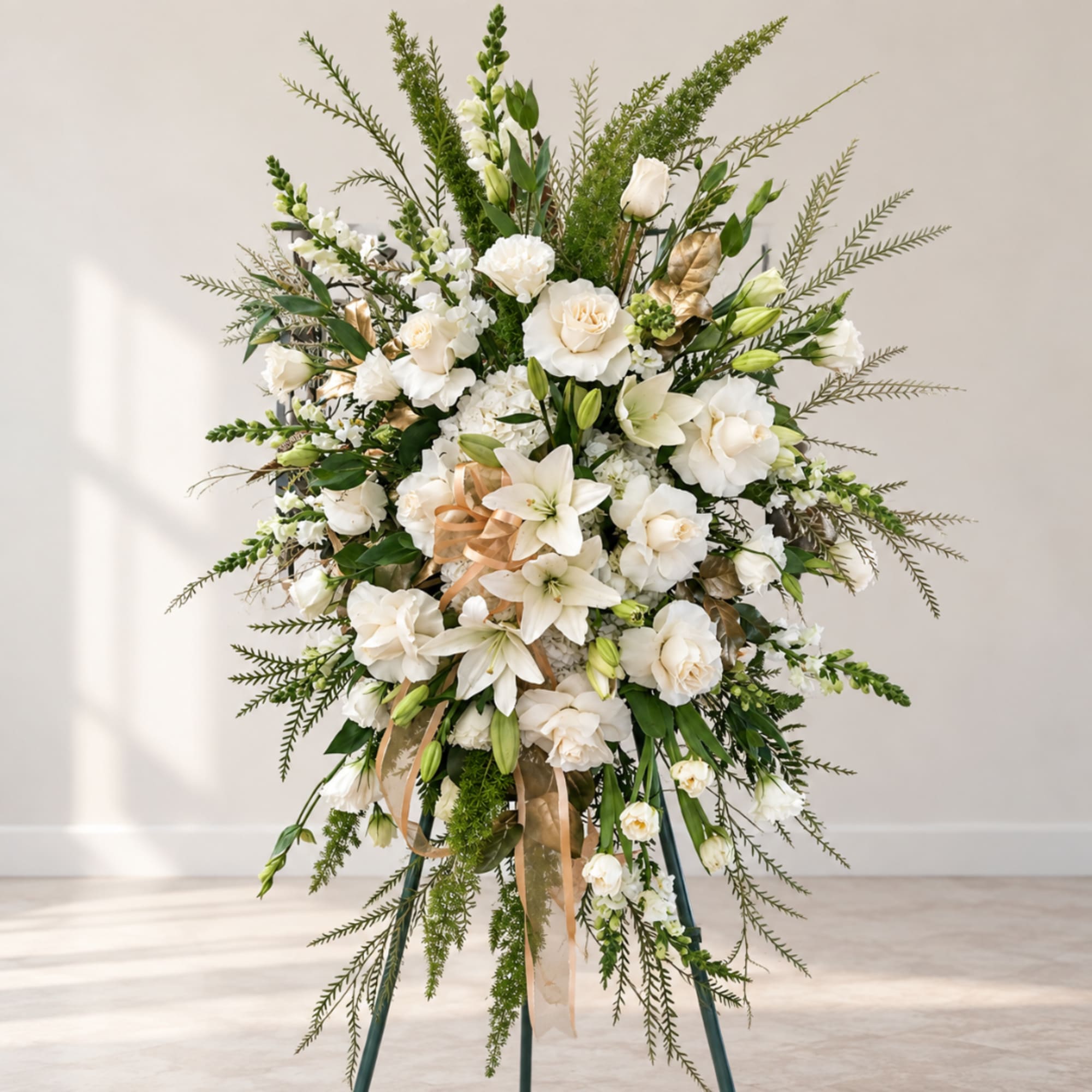White floral standing spray on an easel with ribbon accents