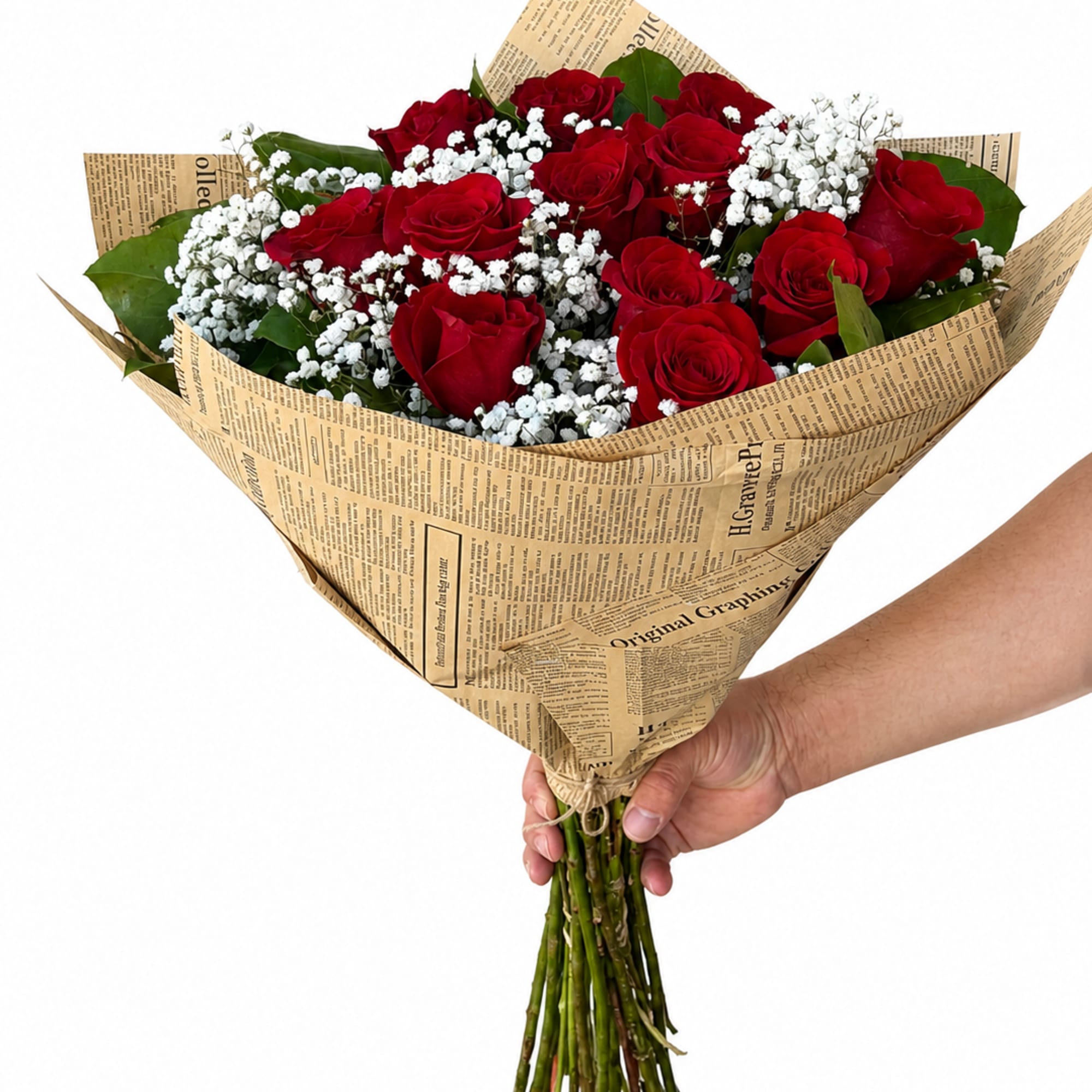 A timeless dozen roses with baby&rsquo;s breath, wrapped in a rustic elegant