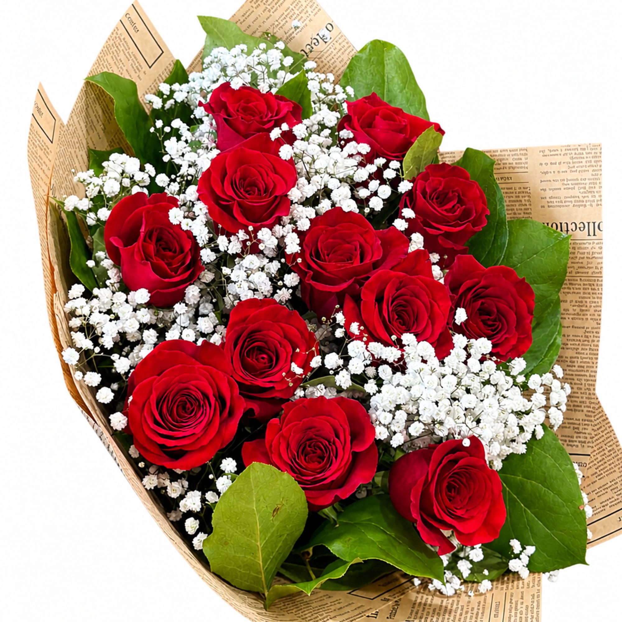 A timeless dozen roses with baby&rsquo;s breath, wrapped in a rustic elegant, photo 2 of 2