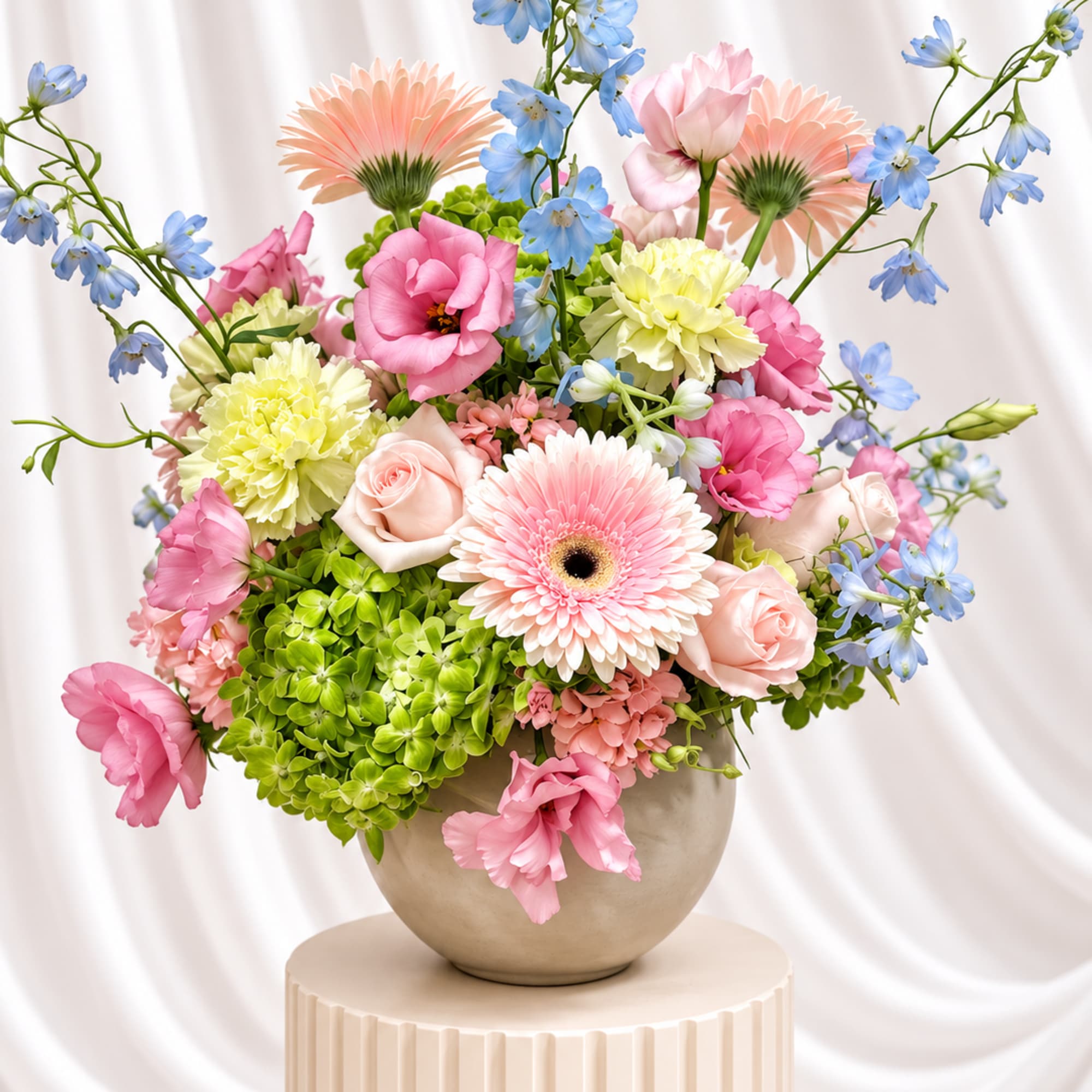 Pastel mixed flower arrangement in a round beige vase